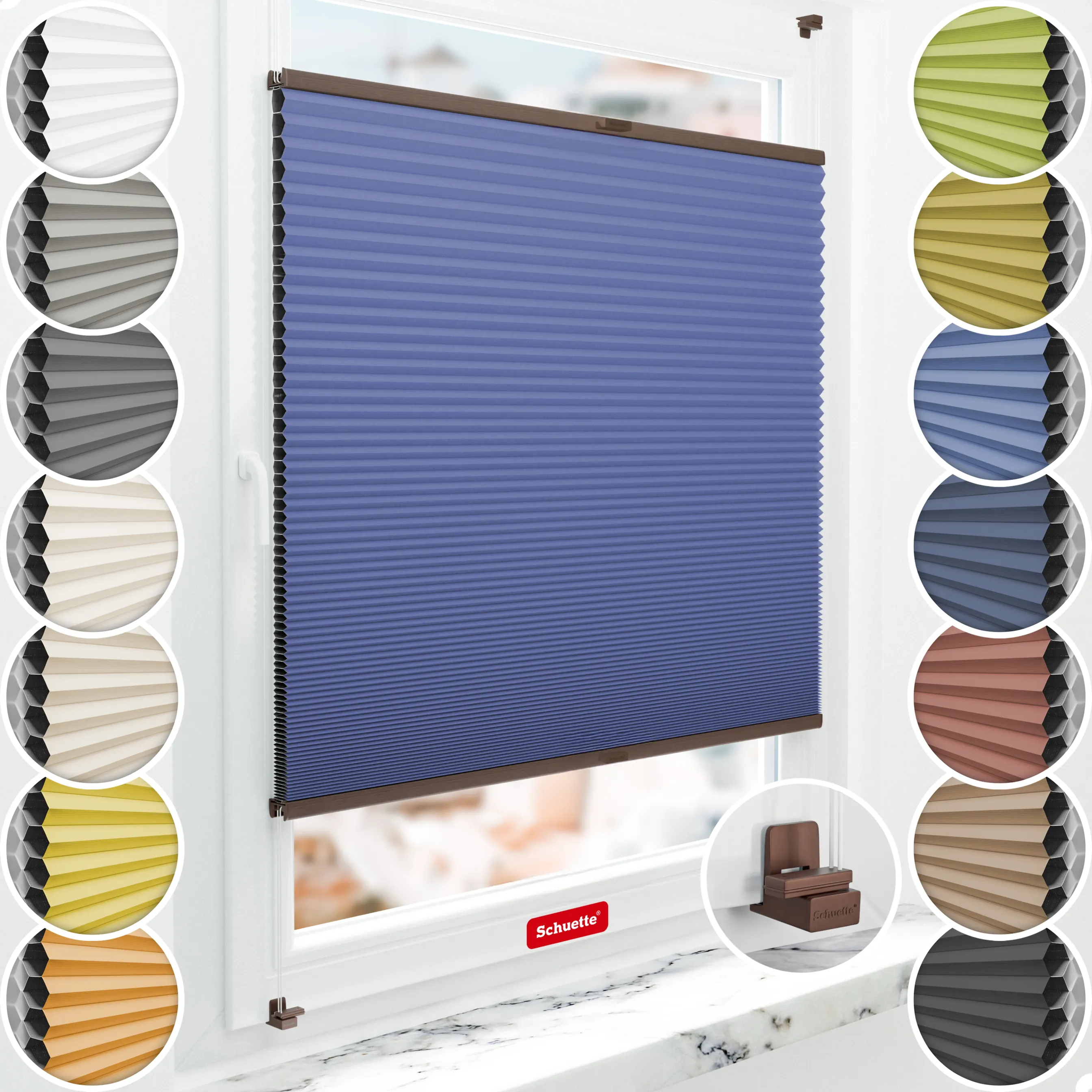 Schuette® Wabenplissee ohne Bohren nach Maß • Suprafix Klemmhalter "X" • Honey Kollektion: Skyline (Blau) • Profilfarbe: Walnuss