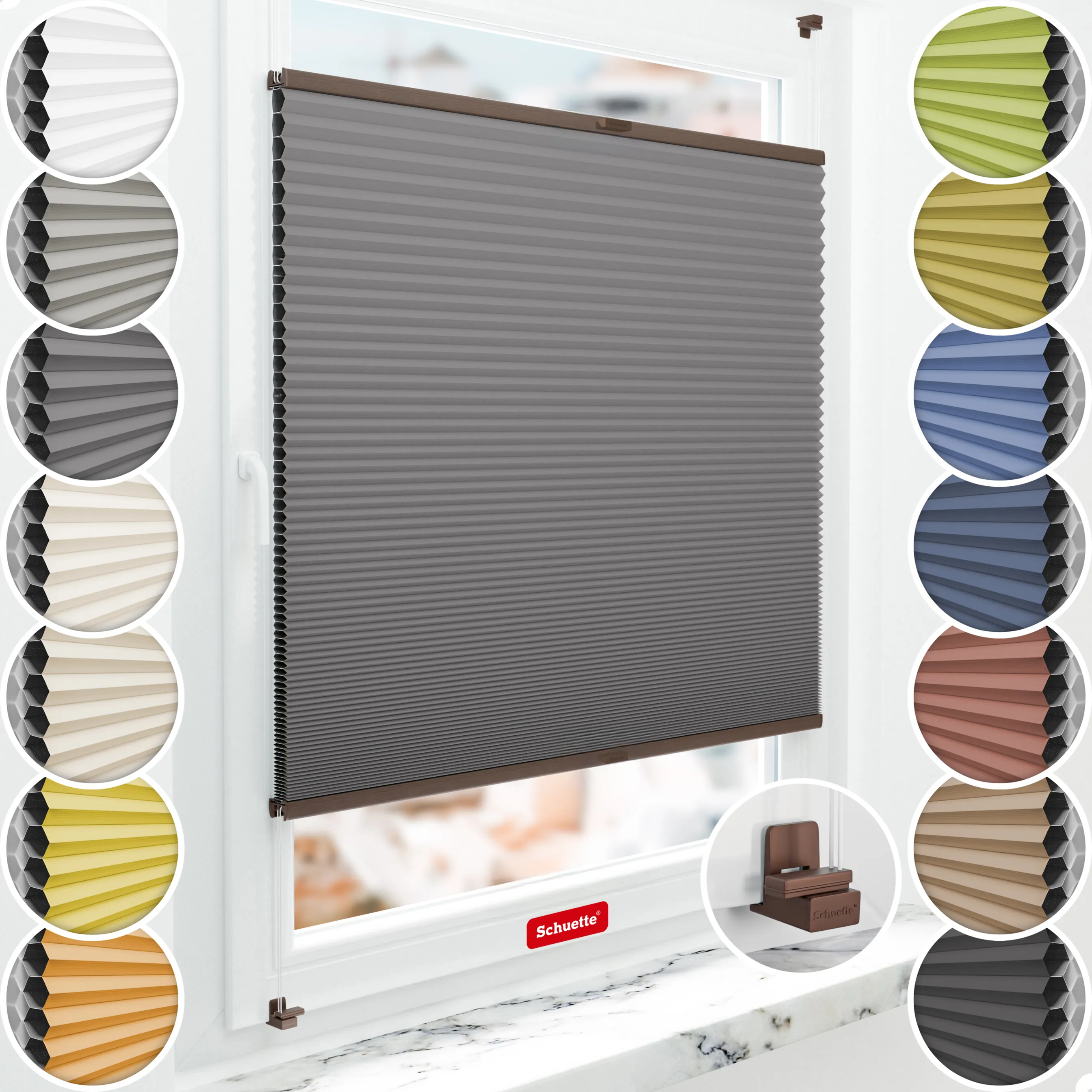 Schuette® Wabenplissee ohne Bohren nach Maß • Suprafix Klemmhalter "X" • Honey Kollektion: Twilight Tango (Grau) • Profilfarbe: Walnuss