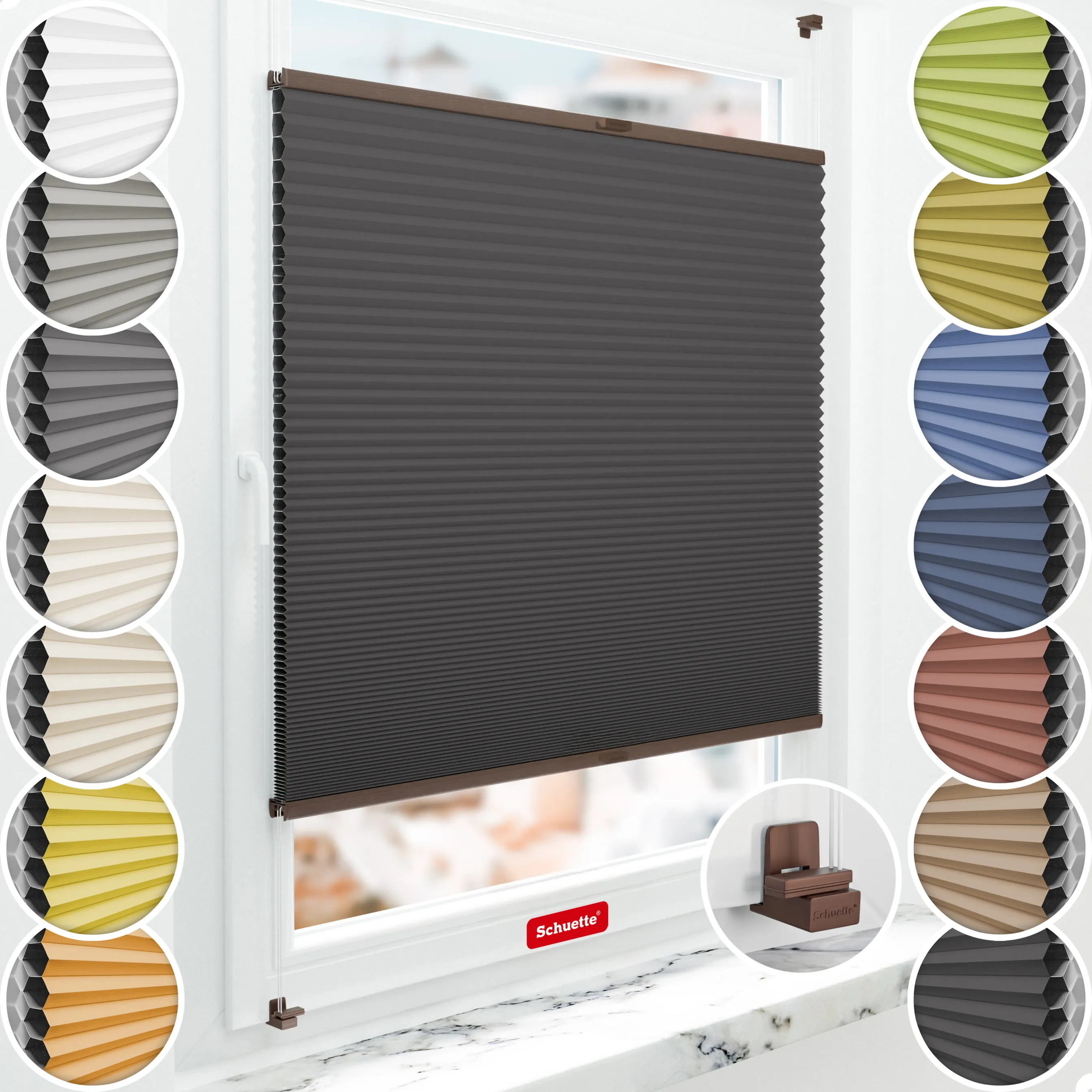 Schuette® Wabenplissee ohne Bohren nach Maß • Suprafix Klemmhalter "X" • Honey Kollektion: Starry Night (Schwarz) • Profilfarbe: Walnuss