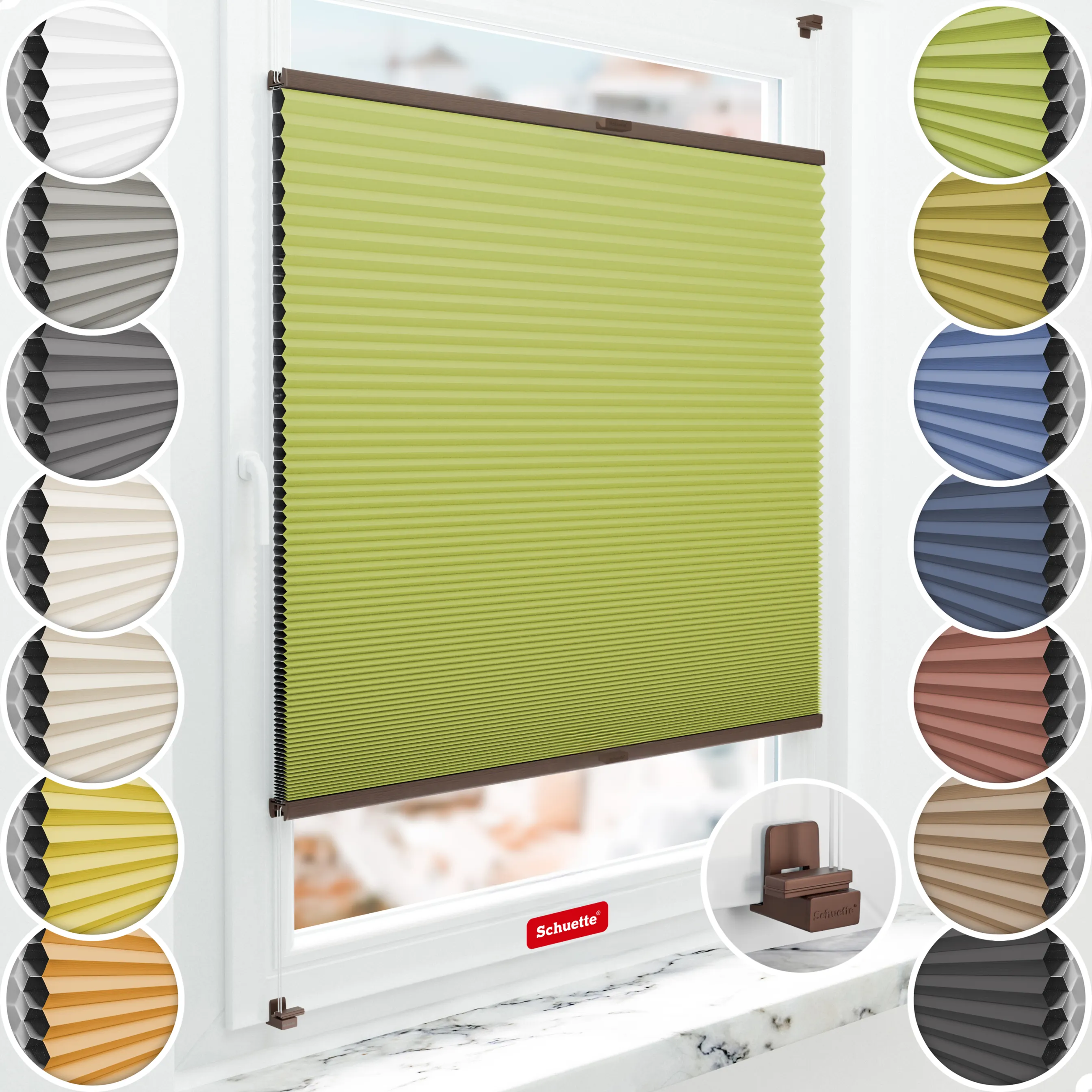 Schuette® Wabenplissee ohne Bohren nach Maß • Suprafix Klemmhalter "X" • Honey Kollektion: Green Tea (Grün) • Profilfarbe: Walnuss