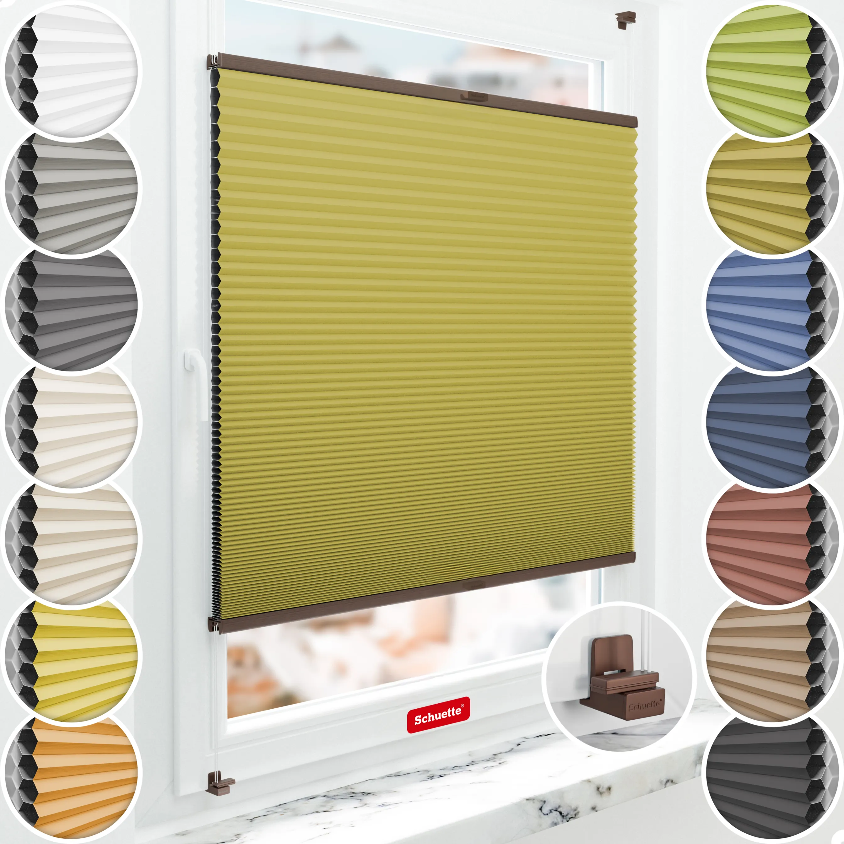 Schuette® Wabenplissee ohne Bohren nach Maß • Suprafix Klemmhalter "X" • Honey Kollektion: Olive Branch (Olivgrün) • Profilfarbe: Walnuss