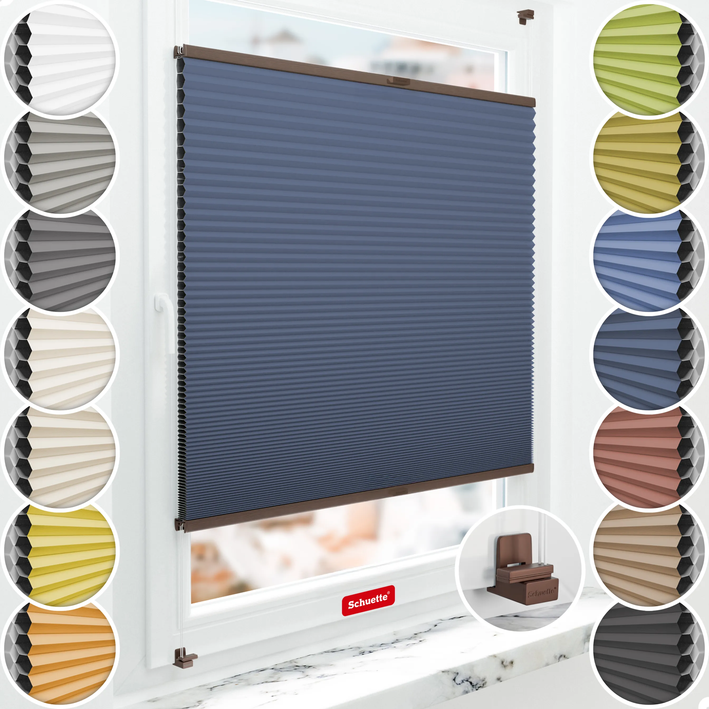 Schuette® Wabenplissee ohne Bohren nach Maß • Suprafix Klemmhalter "X" • Honey Kollektion: Arctic Ocean (Dunkelblau) • Profilfarbe: Walnuss