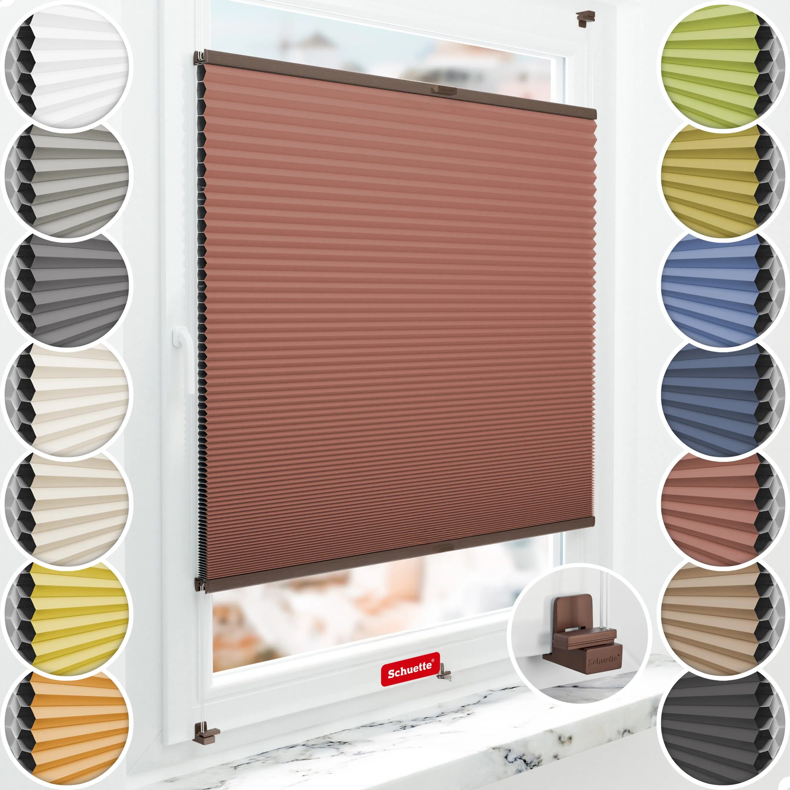 Schuette® Wabenplissee ohne Bohren nach Maß • Suprafix Klemmhalter "X" • Honey Kollektion: Poppy Petal (Dunkelrot) • Profilfarbe: Walnuss