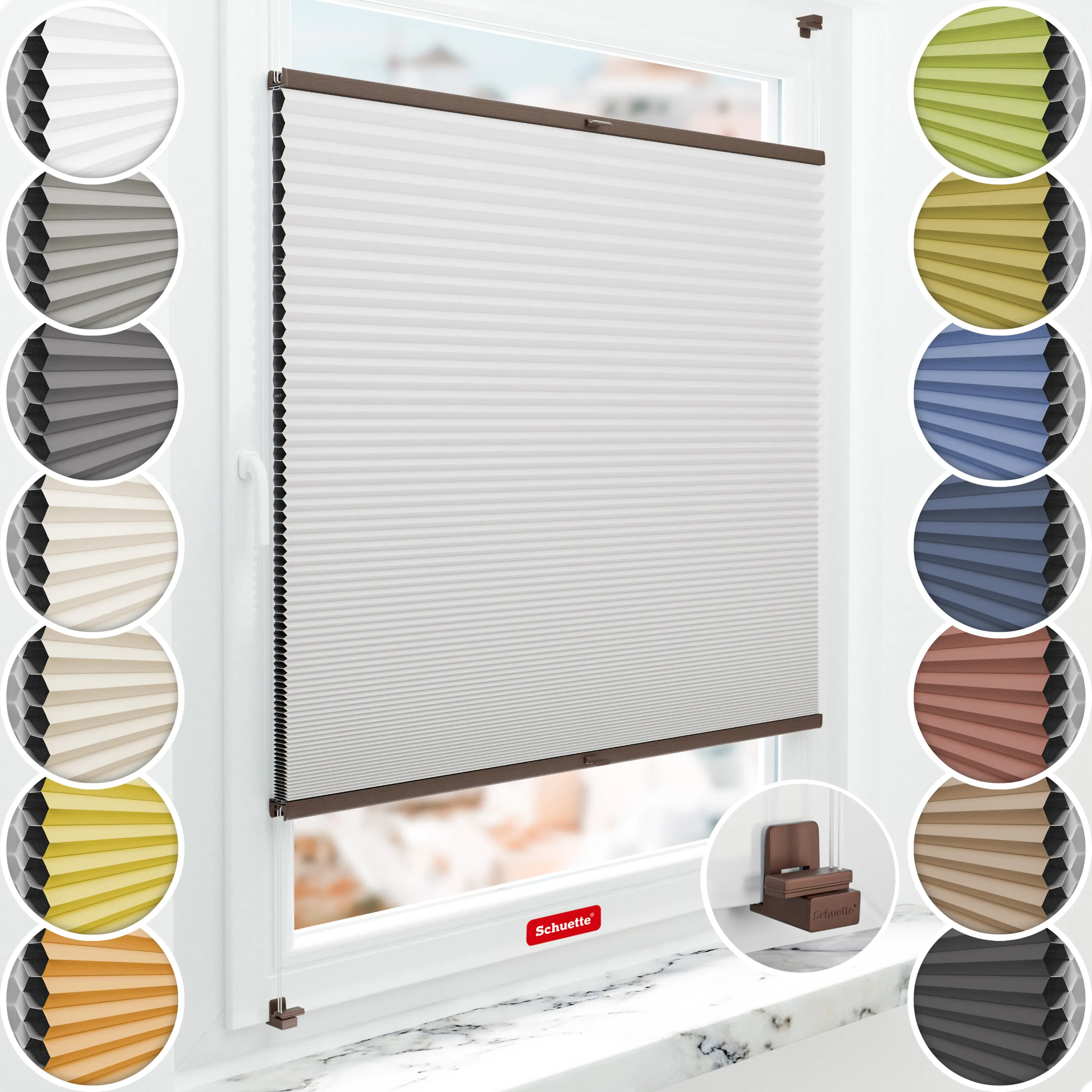 Schuette® Wabenplissee ohne Bohren nach Maß • Suprafix Klemmhalter "X" • Honey Kollektion: Gray-zy in Love (Pastellgrau) • Profilfarbe: Walnuss