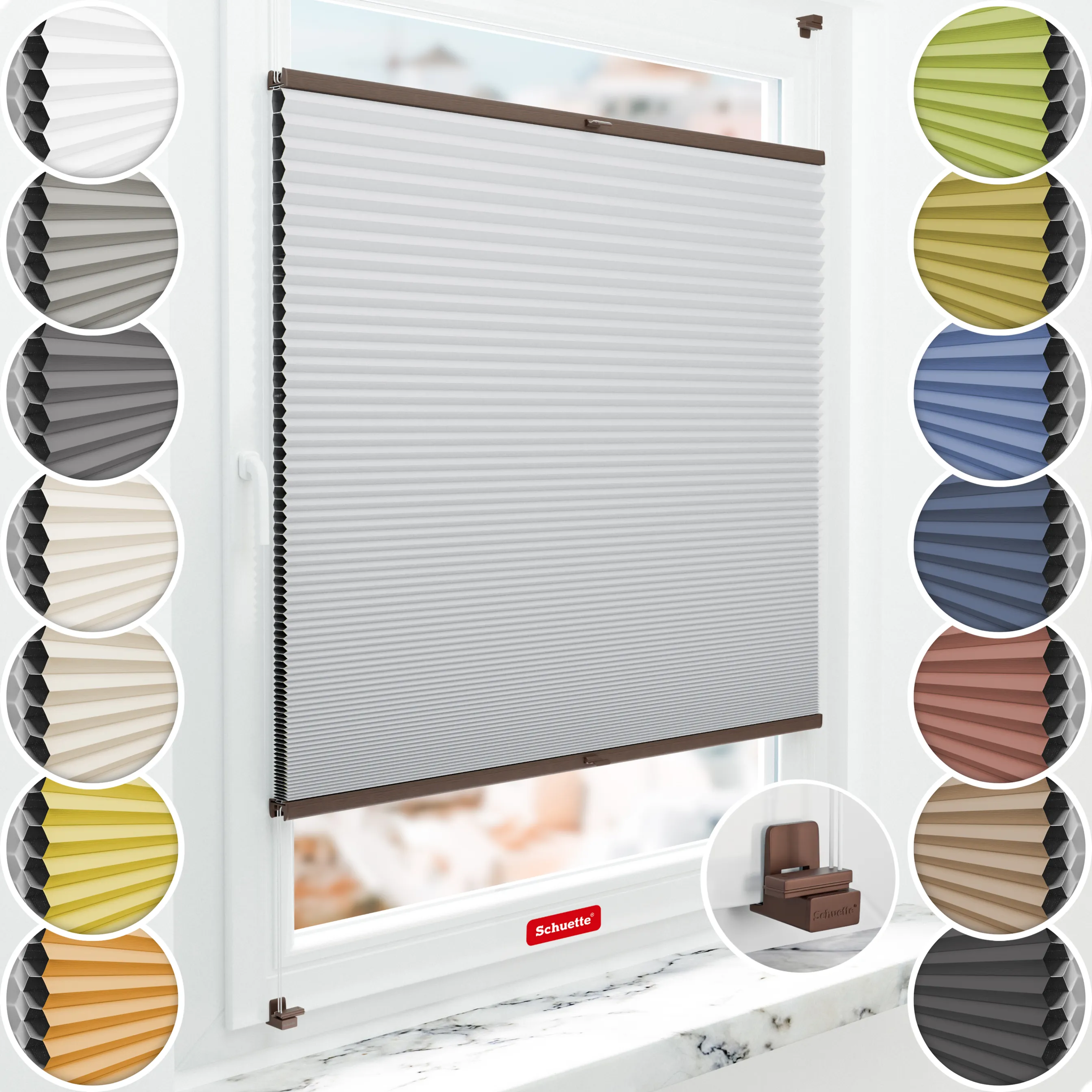 Schuette® Wabenplissee ohne Bohren nach Maß • Suprafix Klemmhalter "X" • Honey Kollektion: Skyfall (Hellgrau) • Profilfarbe: Walnuss