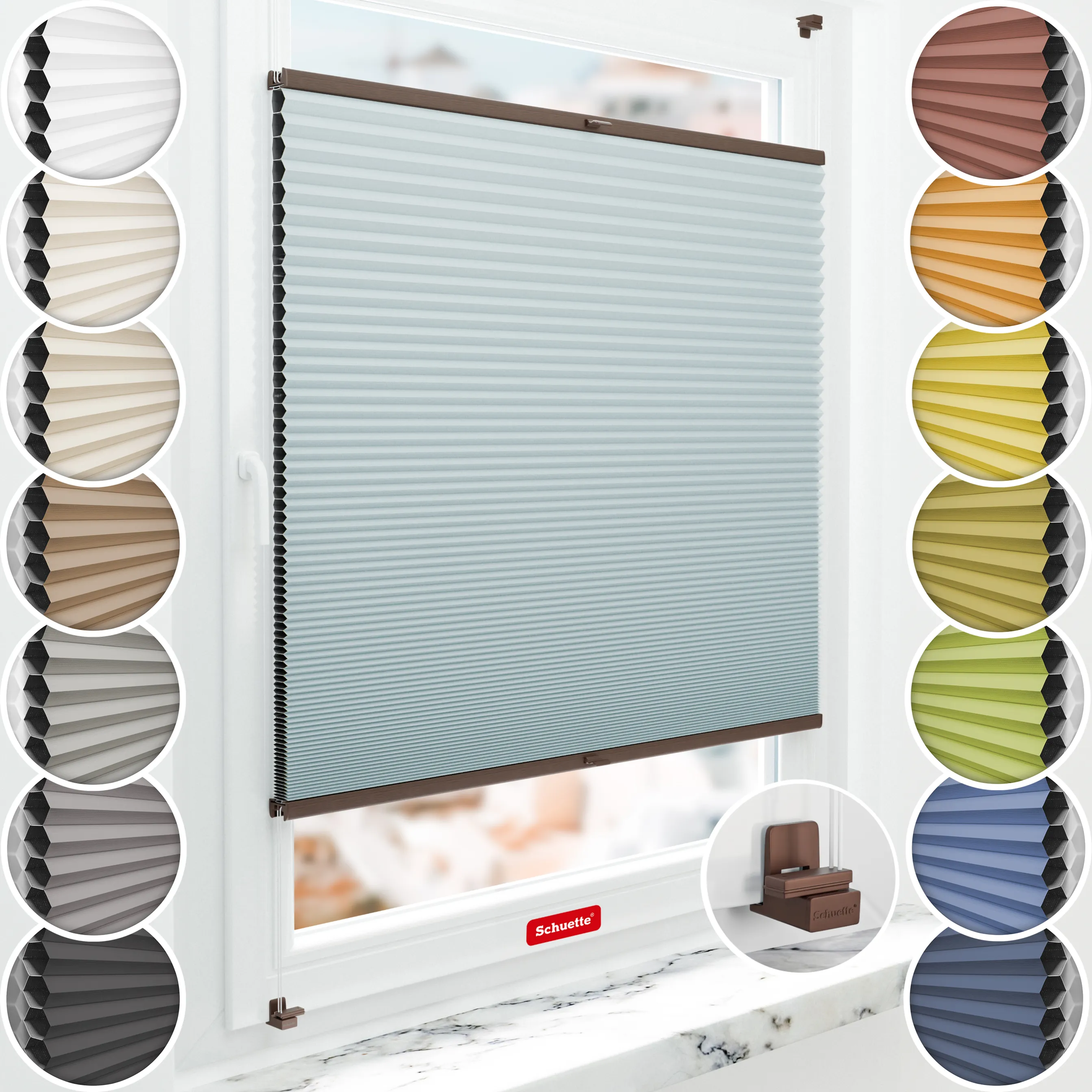 Schuette® Wabenplissee ohne Bohren nach Maß • Suprafix Klemmhalter "X" • Honey Kollektion: Cloud Nine (Pastellblau) • Profilfarbe: Walnuss