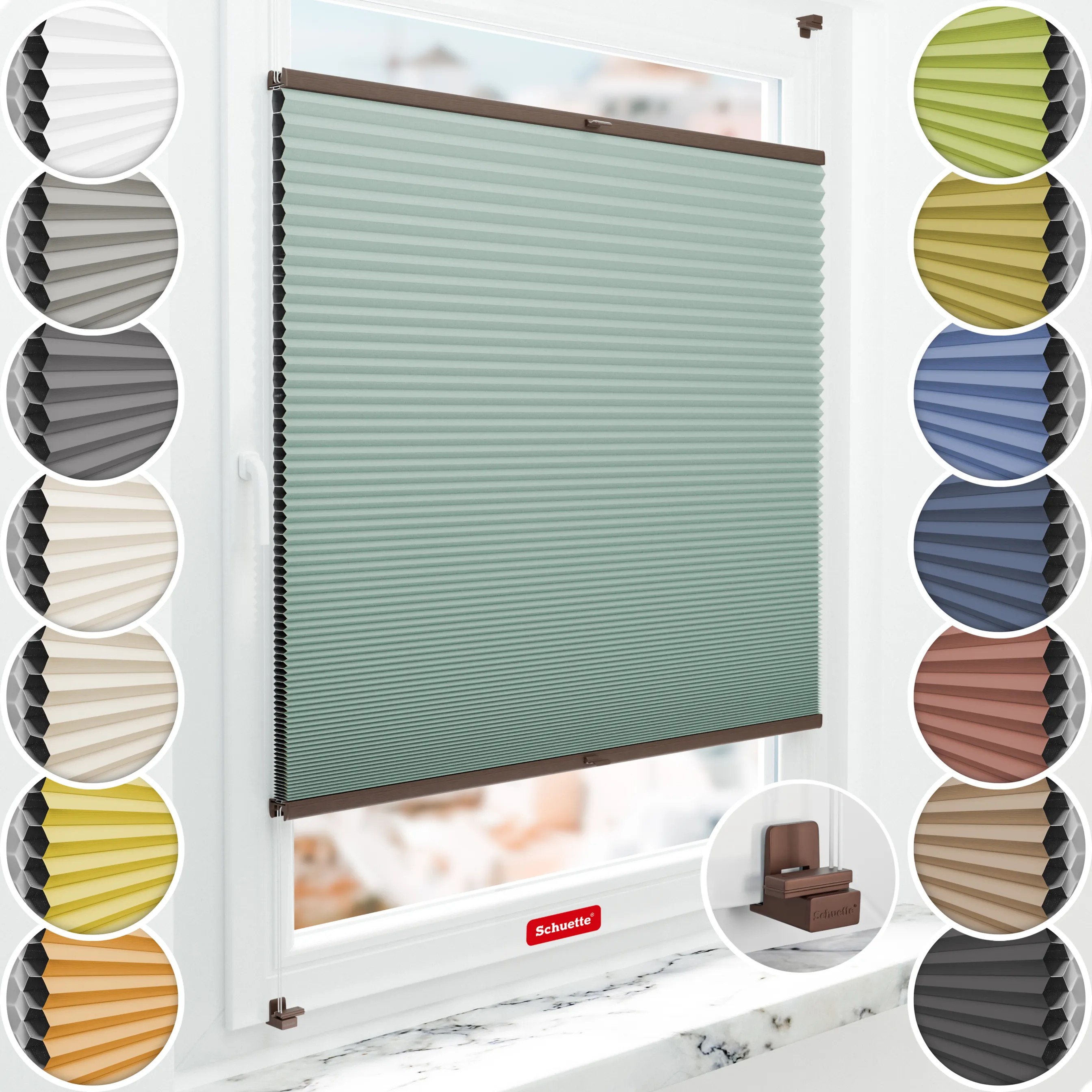 Schuette® Wabenplissee ohne Bohren nach Maß • Suprafix Klemmhalter "X" • Honey Kollektion: Wicked Emerald (Blassgrün) • Profilfarbe: Walnuss