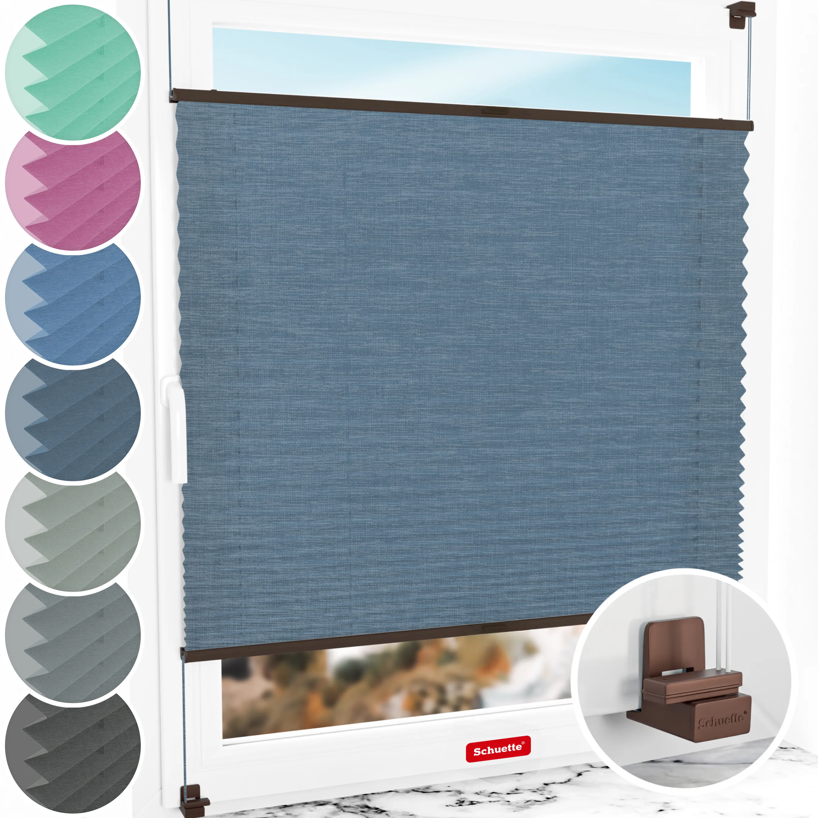 Schuette® Plissee ohne Bohren nach Maß • Suprafix Klemmhalter "X" • Melange Kollektion: After Rain (Blau) • Profilfarbe: Walnuss