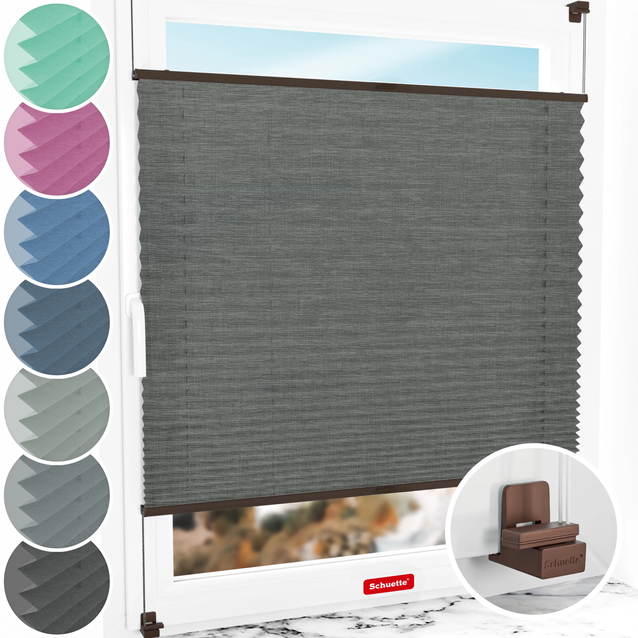 Schuette® Plissee ohne Bohren nach Maß • Suprafix Klemmhalter "X" • Melange Kollektion: Black Pearl (Schwarz) • Profilfarbe: Walnuss