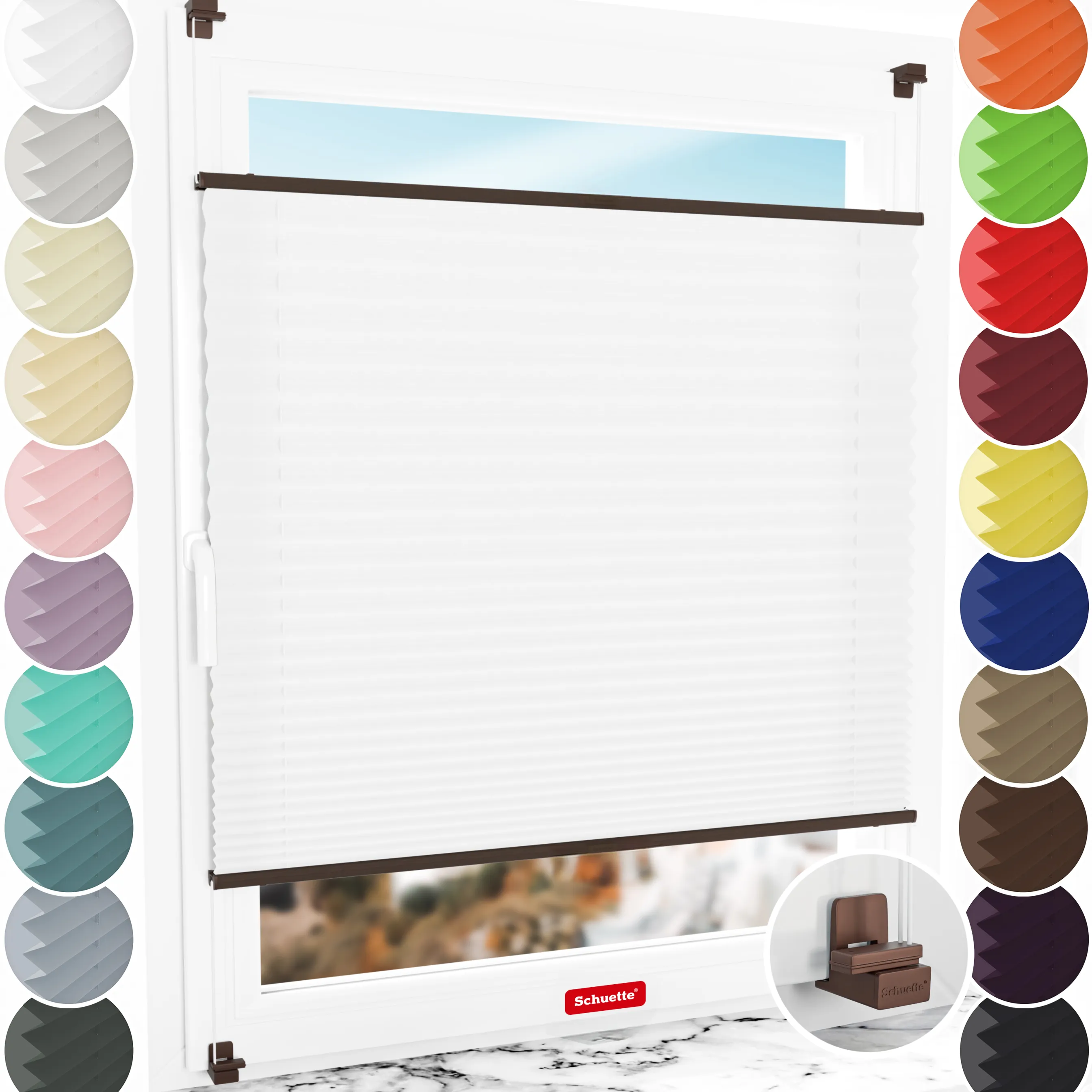 Schuette® Plissee ohne Bohren nach Maß • Suprafix Klemmhalter "X" • Premium Kollektion: White Day (Weiß) • Profilfarbe: Walnuss