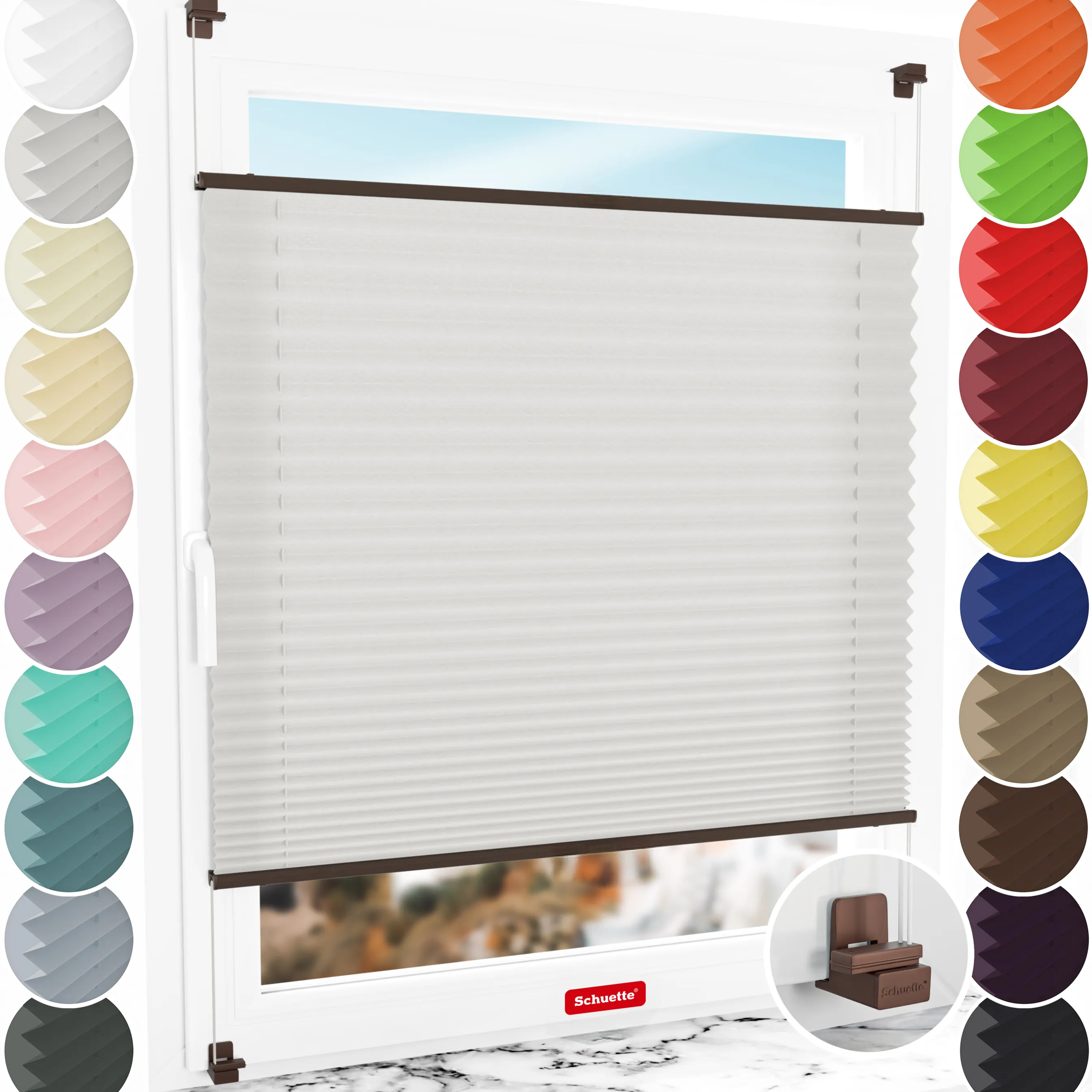 Schuette® Plissee ohne Bohren nach Maß • Suprafix Klemmhalter "X" • Premium Kollektion: A Way Home (Silber) • Profilfarbe: Walnuss