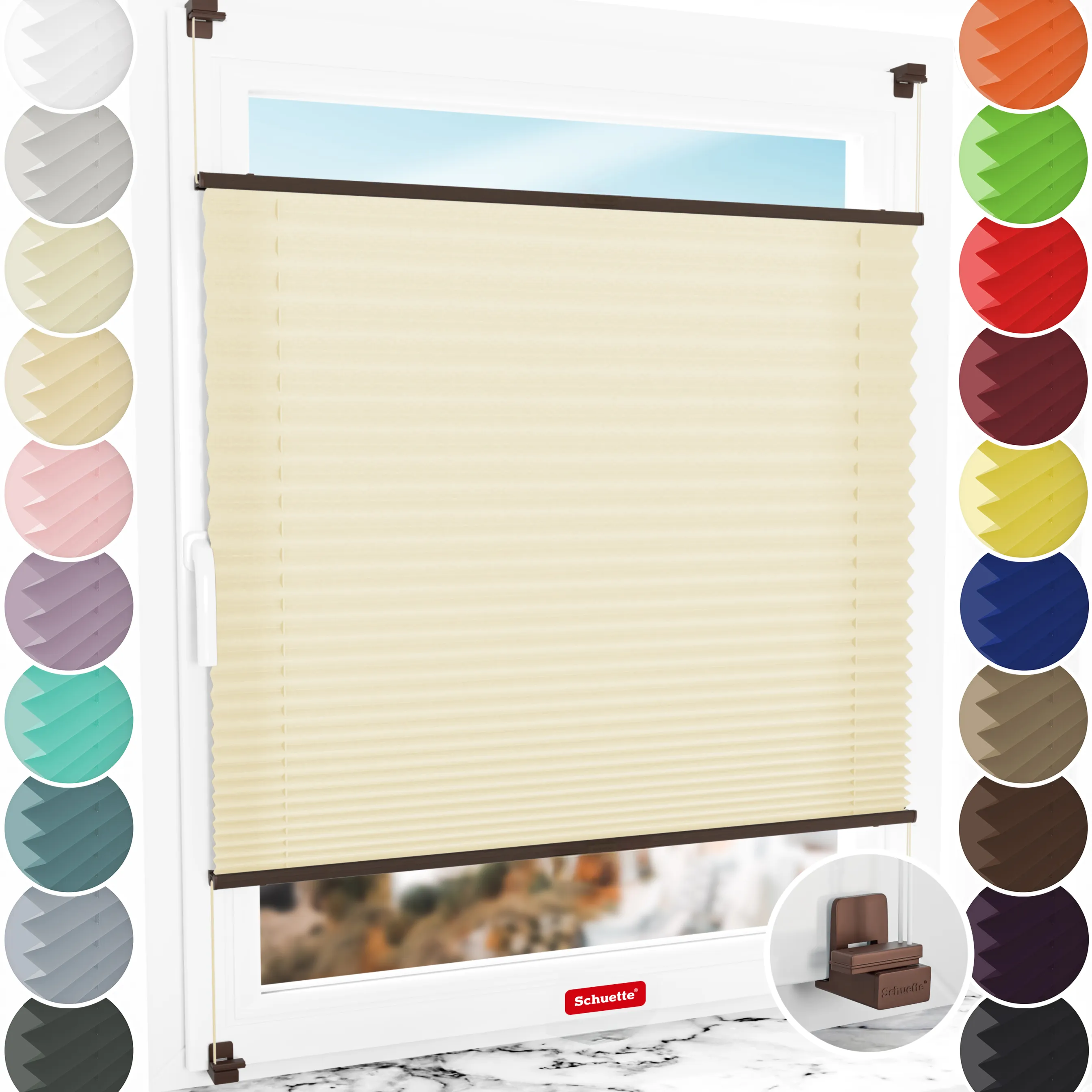 Schuette® Plissee ohne Bohren nach Maß • Suprafix Klemmhalter "X" • Premium Kollektion: Sahara's Sand • Profilfarbe: Walnuss