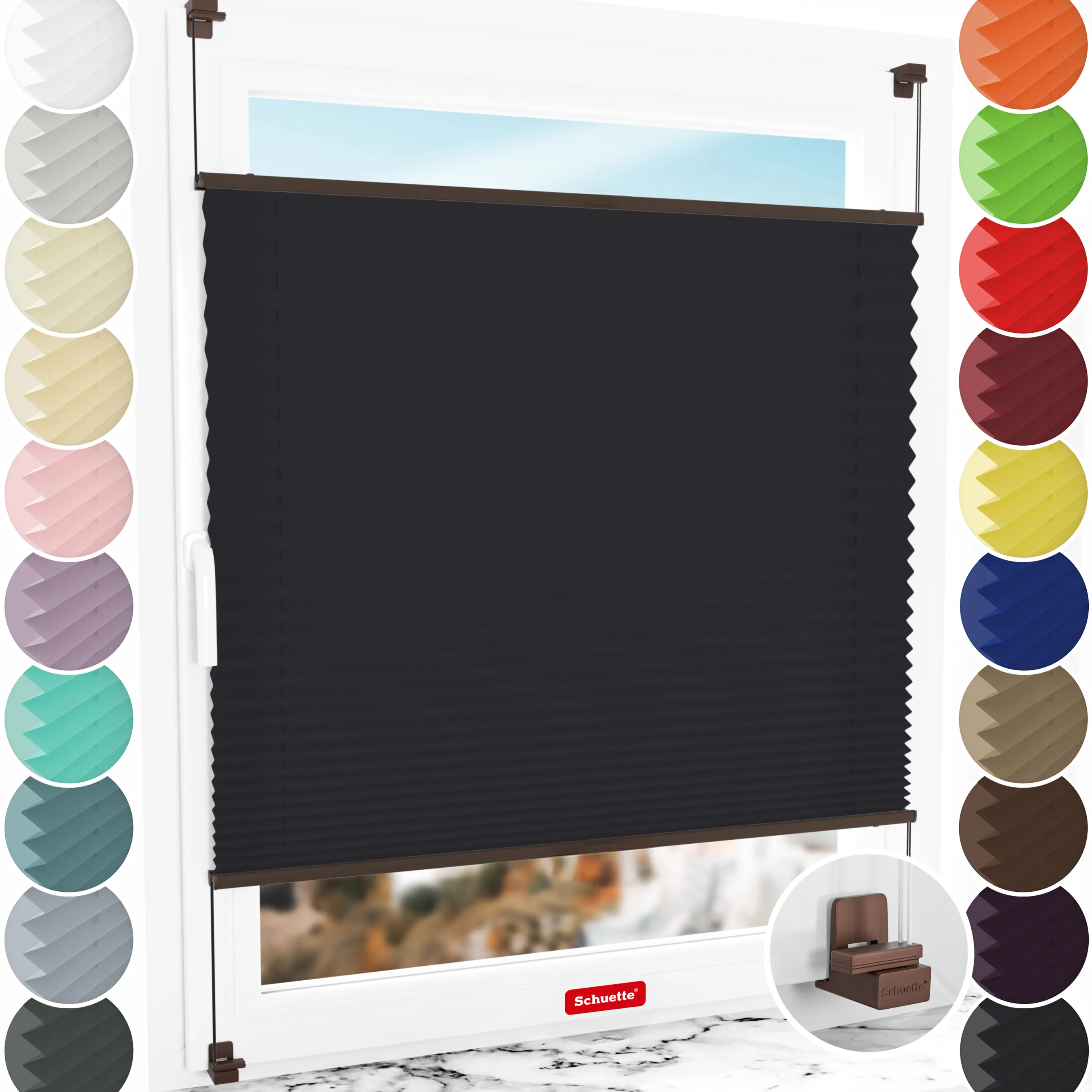 Schuette® Plissee ohne Bohren nach Maß • Suprafix Klemmhalter "X" • Premium Kollektion: Silesian Coal (Schwarz) • Profilfarbe: Walnuss