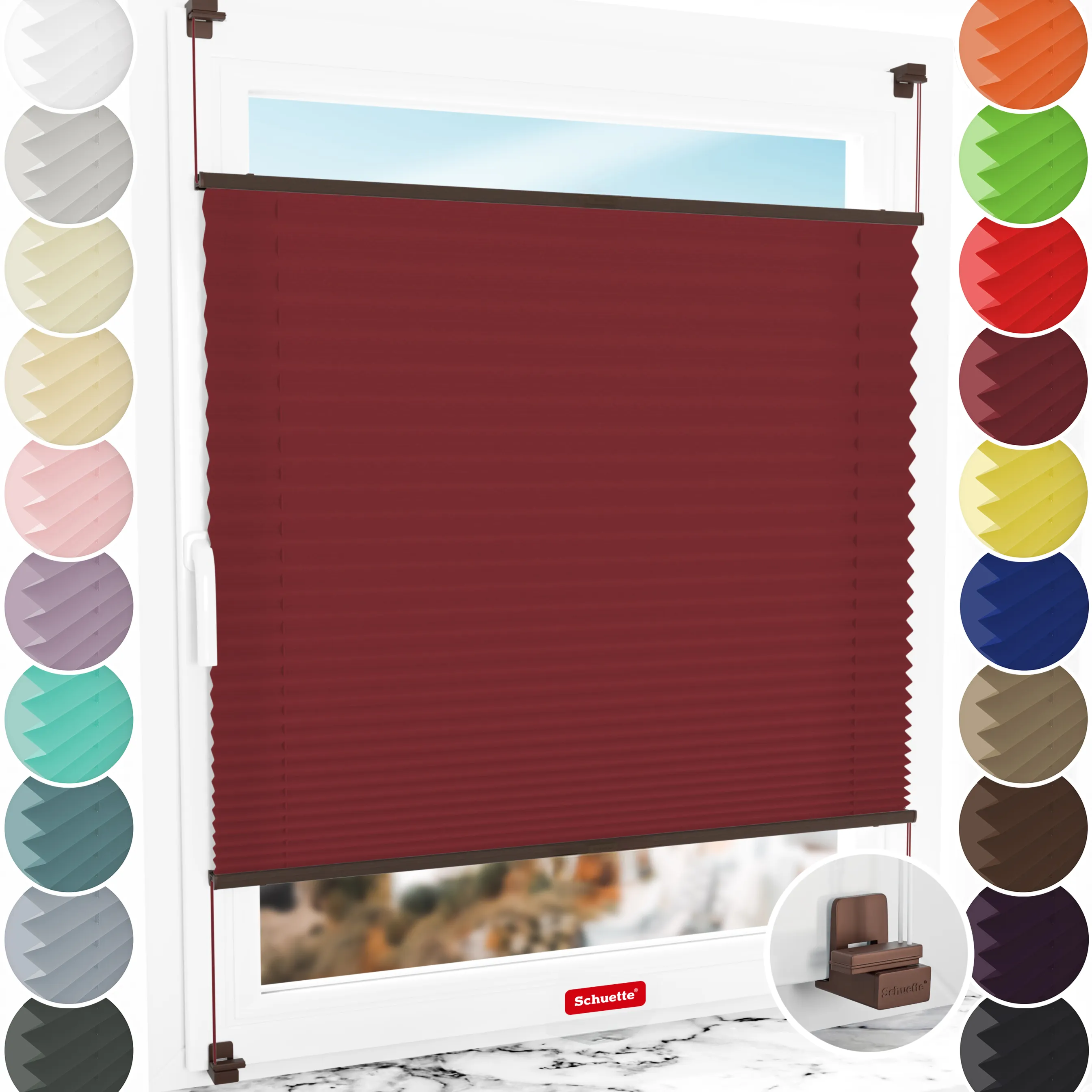 Schuette® Plissee ohne Bohren nach Maß • Suprafix Klemmhalter "X" • Premium Kollektion: Ruby Riddle (Dunkelrot) • Profilfarbe: Walnuss