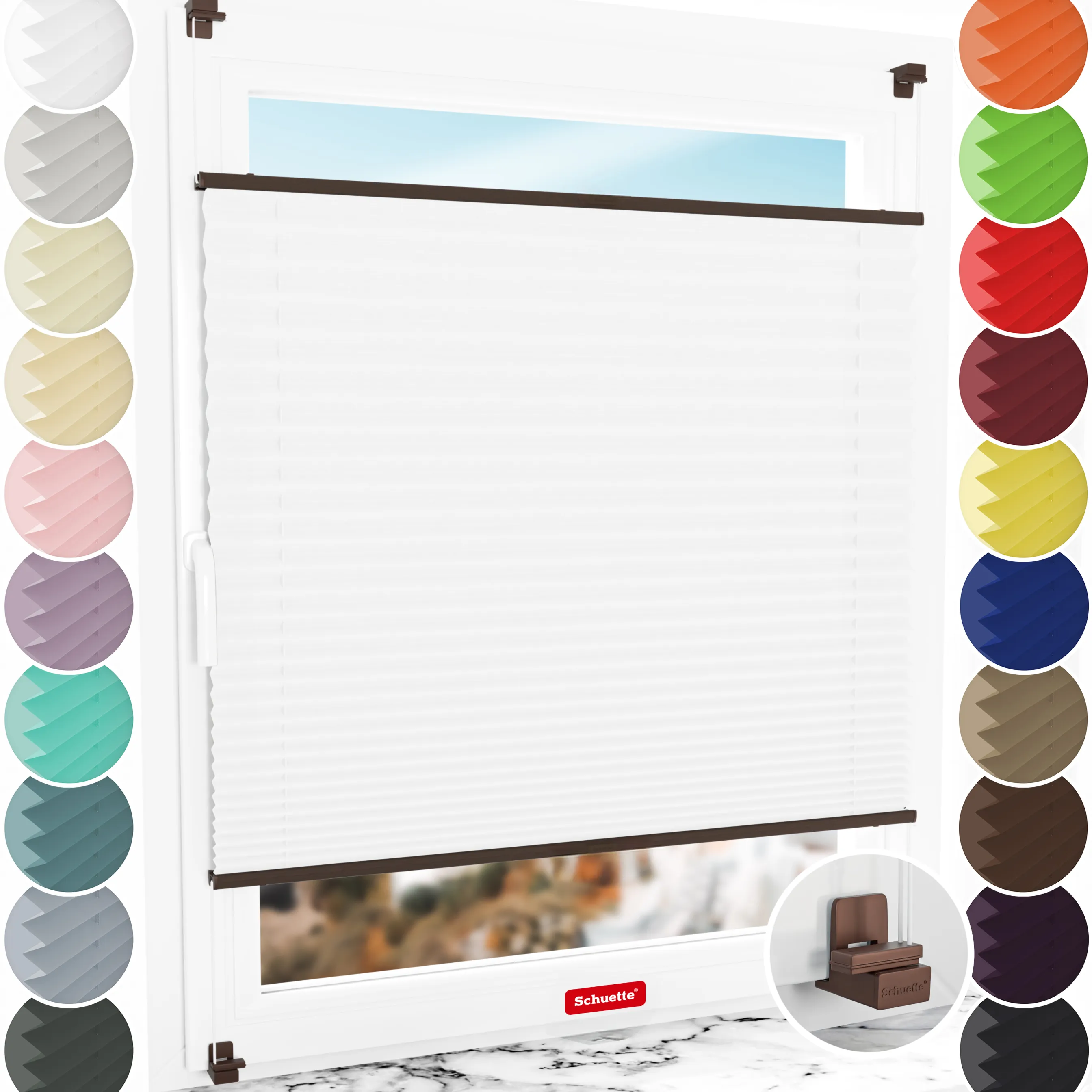 Schuette® Plissee ohne Bohren nach Maß • Suprafix Klemmhalter "X" • Thermo Kollektion: White Day (Weiß) • Profilfarbe: Walnuss