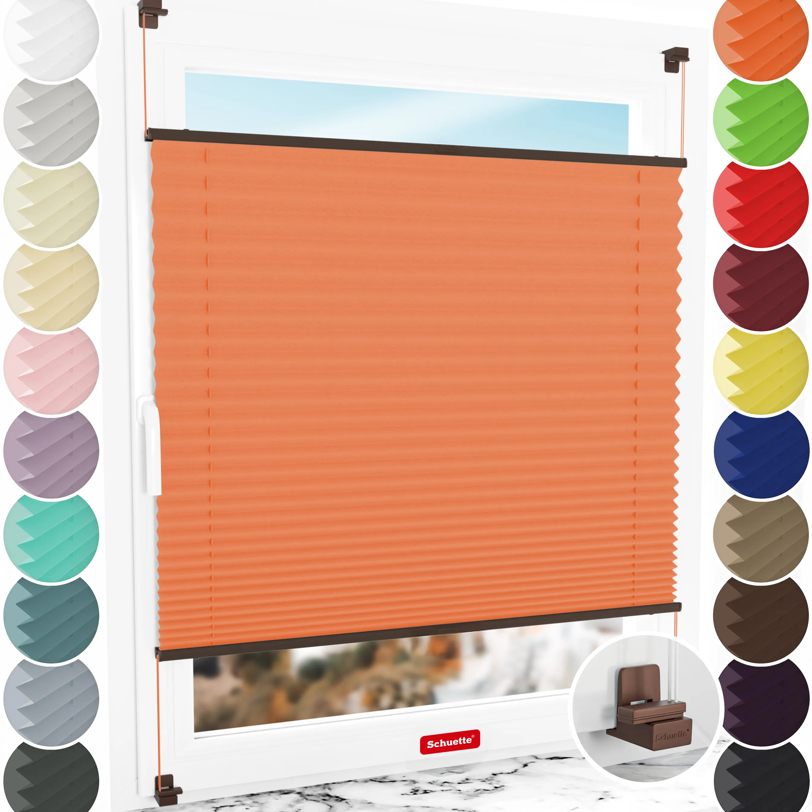 Schuette® Plissee ohne Bohren nach Maß • Suprafix Klemmhalter "X" • Thermo Kollektion: Peach (Orange) • Profilfarbe: Walnuss