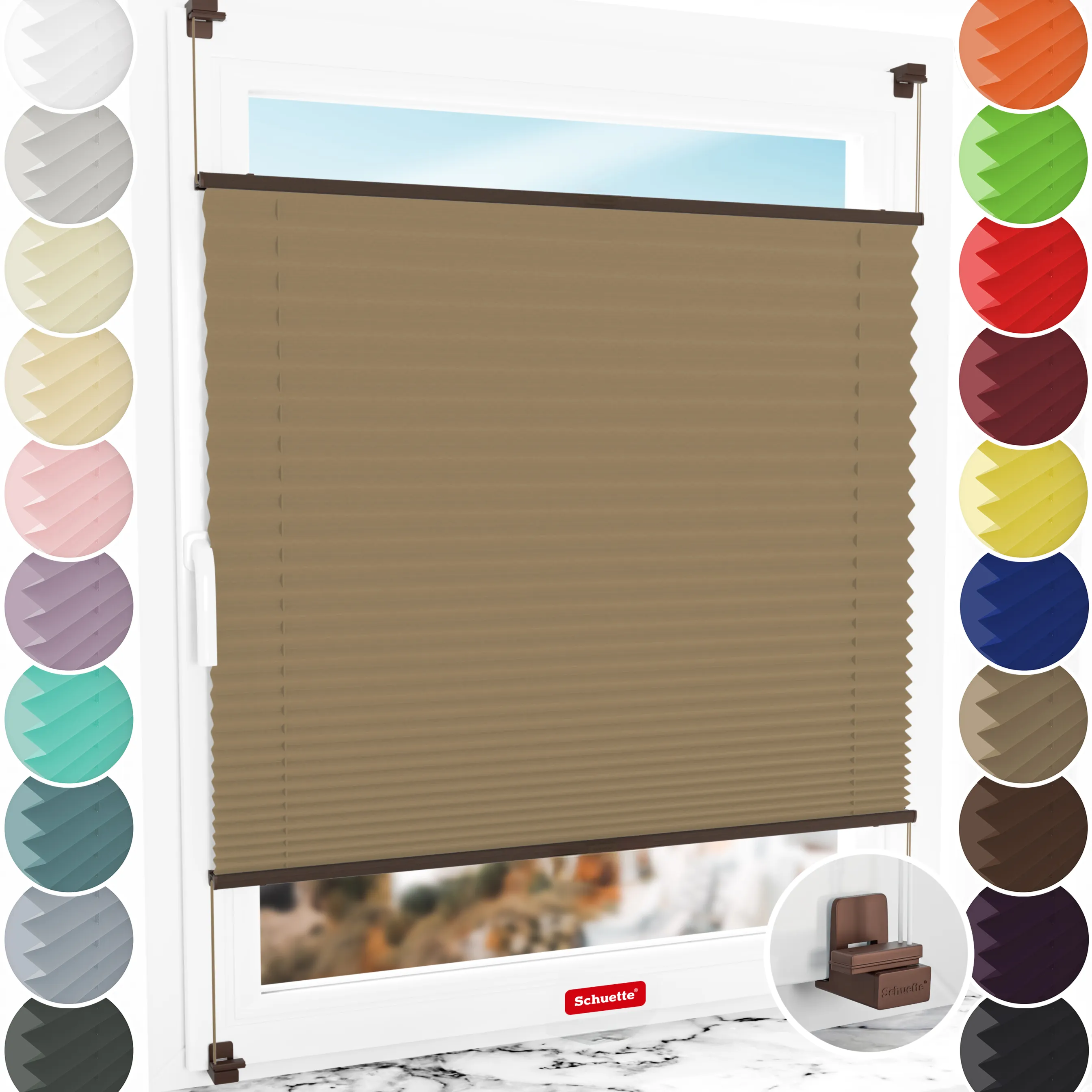 Schuette® Plissee ohne Bohren nach Maß • Suprafix Klemmhalter "X" • Thermo Kollektion: Mocha Dream (Hellbraun) • Profilfarbe: Walnuss