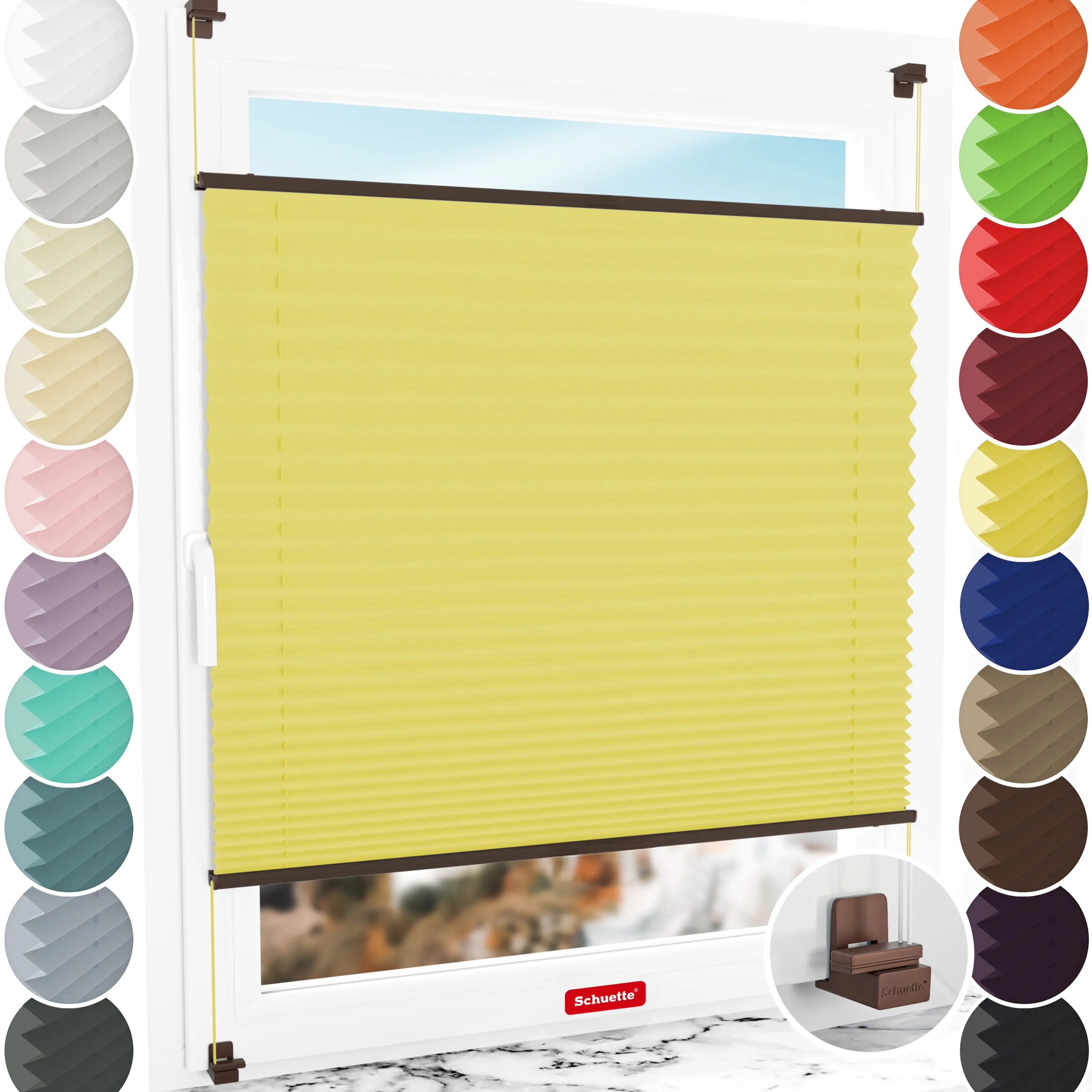 Schuette® Plissee ohne Bohren nach Maß • Suprafix Klemmhalter "X" • Thermo Kollektion: Sunflower (Gelb) • Profilfarbe: Walnuss