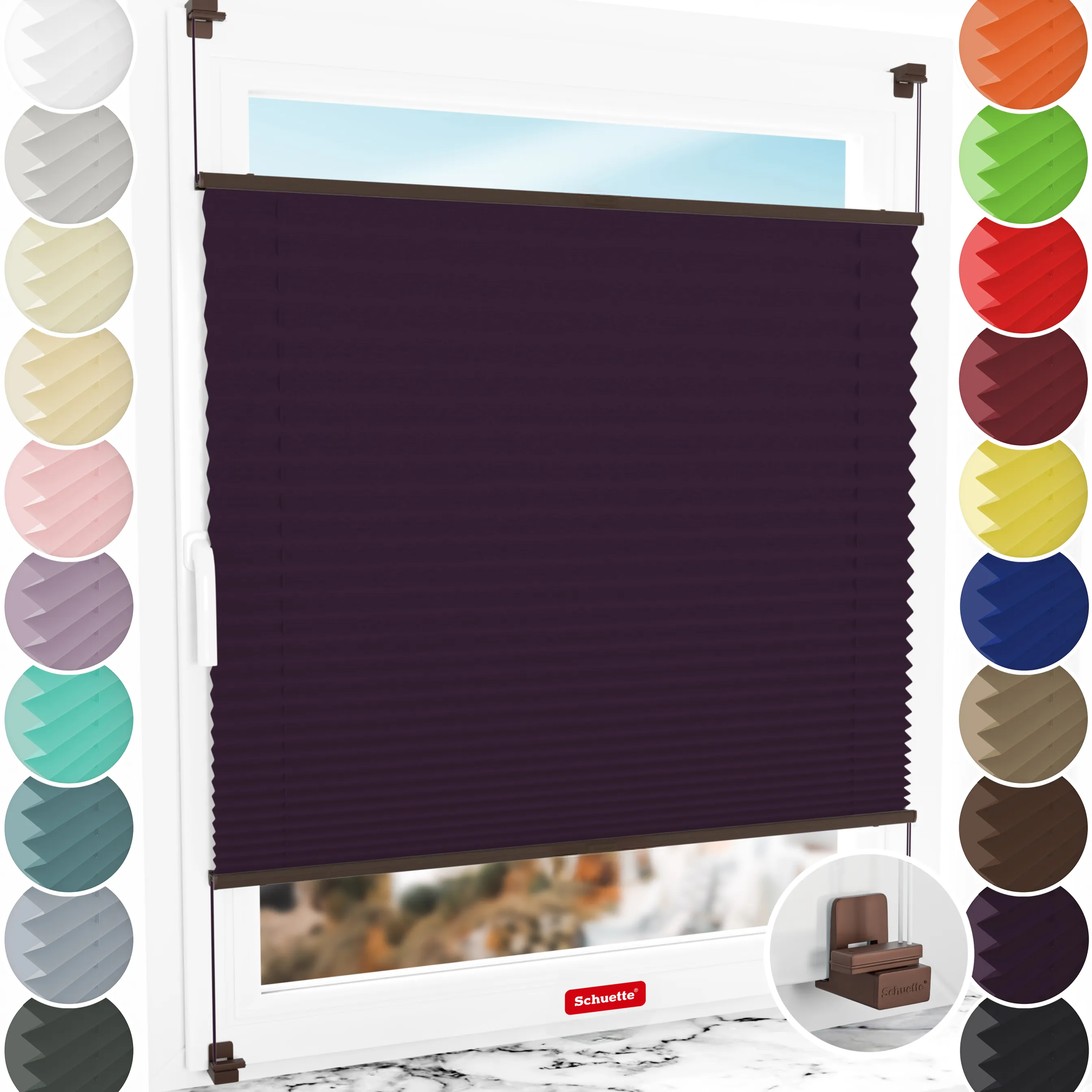Schuette® Plissee ohne Bohren nach Maß • Suprafix Klemmhalter "X" • Thermo Kollektion: Violet Paradise (Violett) • Profilfarbe: Walnuss