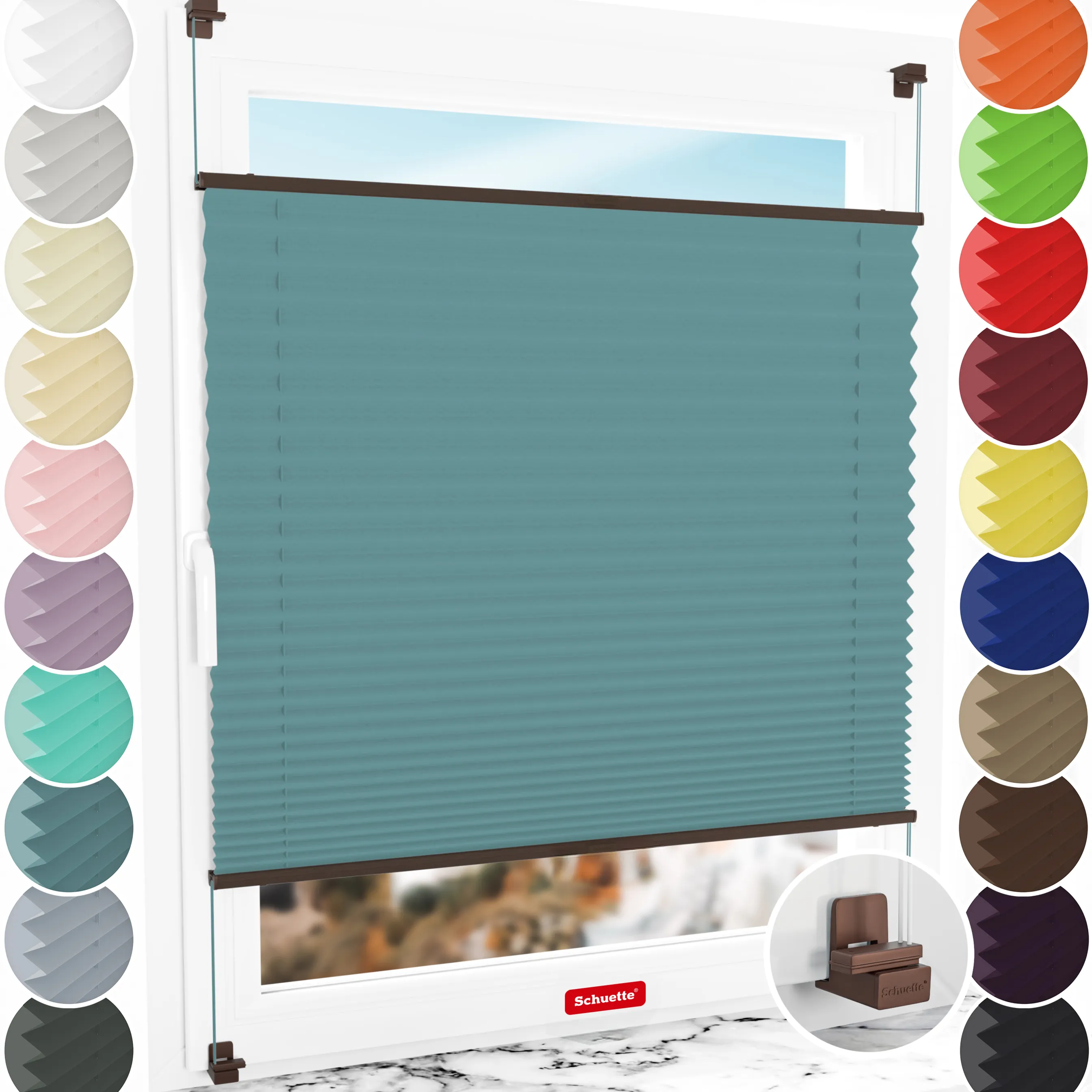 Schuette® Plissee ohne Bohren nach Maß • Suprafix Klemmhalter "X" • Thermo Kollektion: Teal Aura (Türkis) • Profilfarbe: Walnuss
