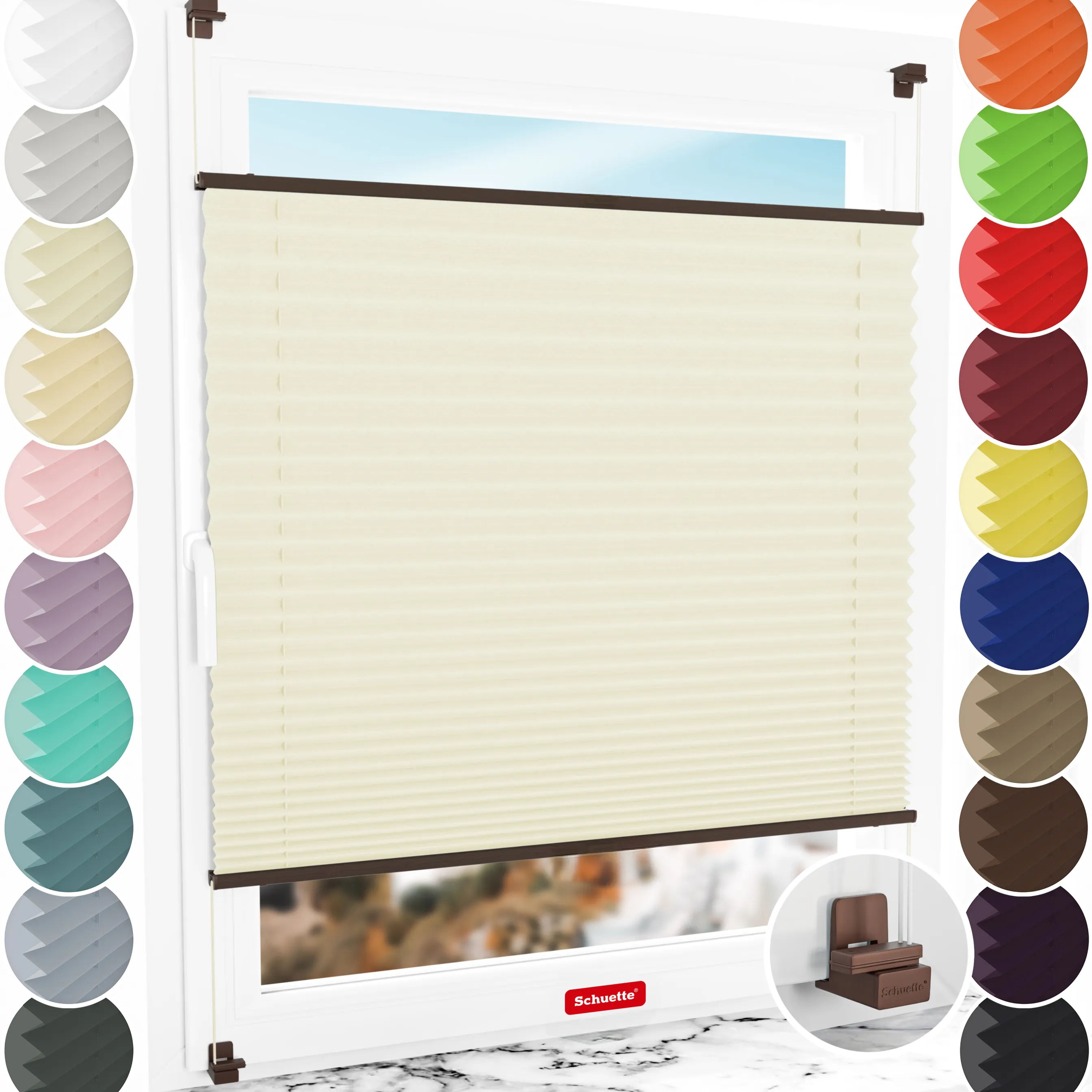 Schuette® Plissee ohne Bohren nach Maß • Suprafix Klemmhalter "X" • Thermo Kollektion: Sandstone (Beige) • Profilfarbe: Walnuss