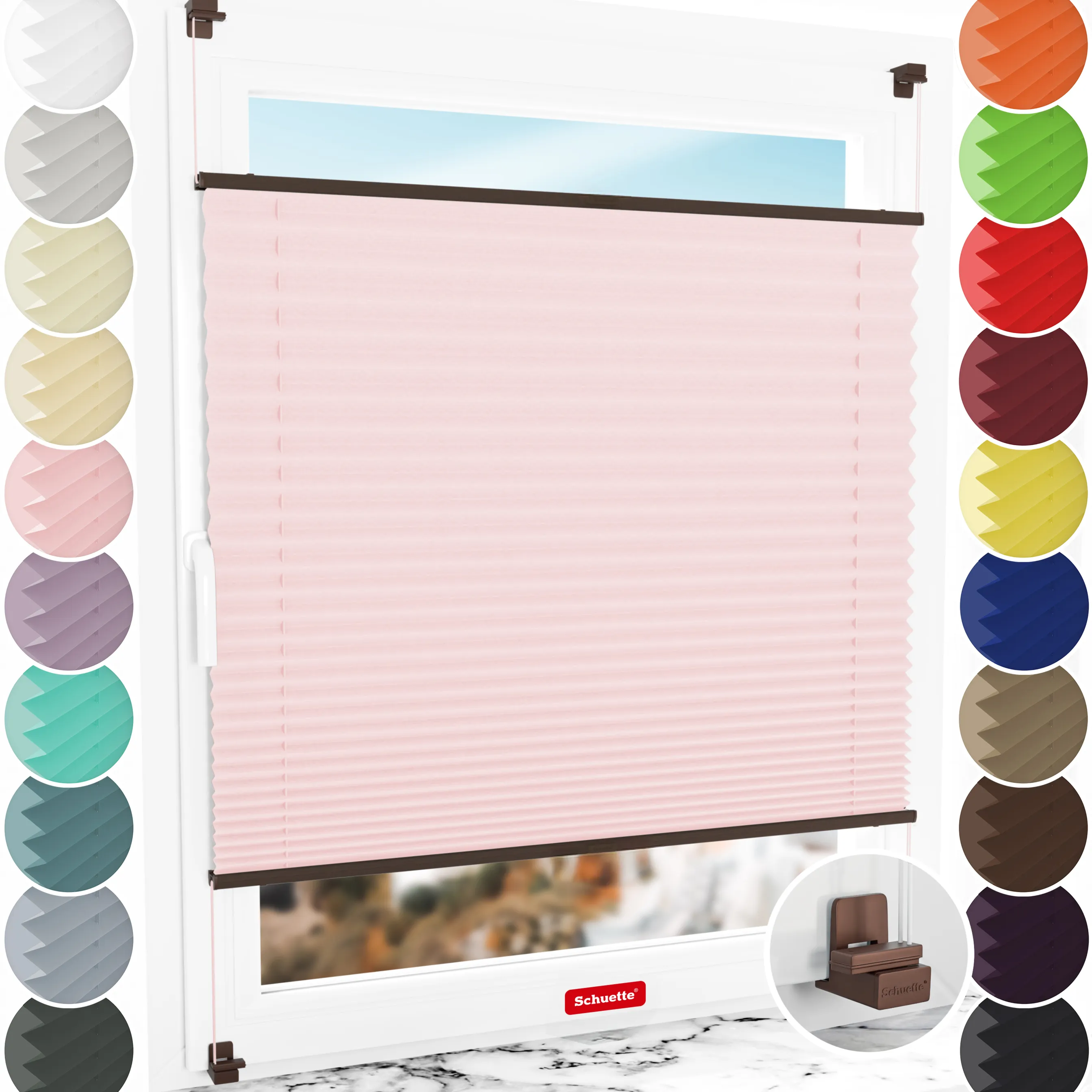 Schuette® Plissee ohne Bohren nach Maß • Suprafix Klemmhalter "X" • Thermo Kollektion: Rosewater (Rosa) • Profilfarbe: Walnuss