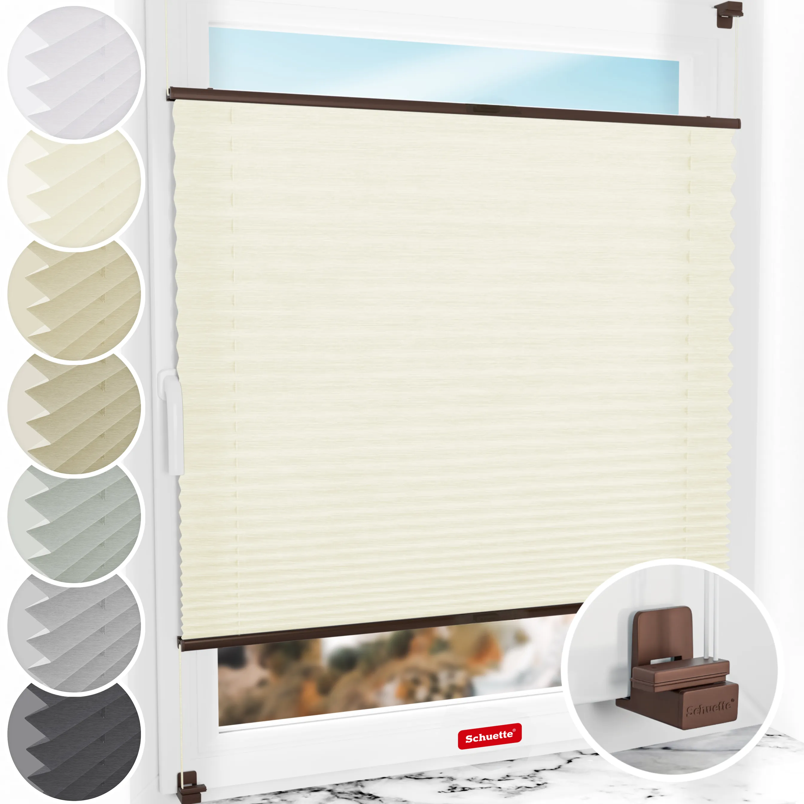 Schuette® Plissee ohne Bohren nach Maß • Suprafix Klemmhalter "X" • Dolomite Kollektion: Vanilla Sky (Beige) • Profilfarbe: Braun