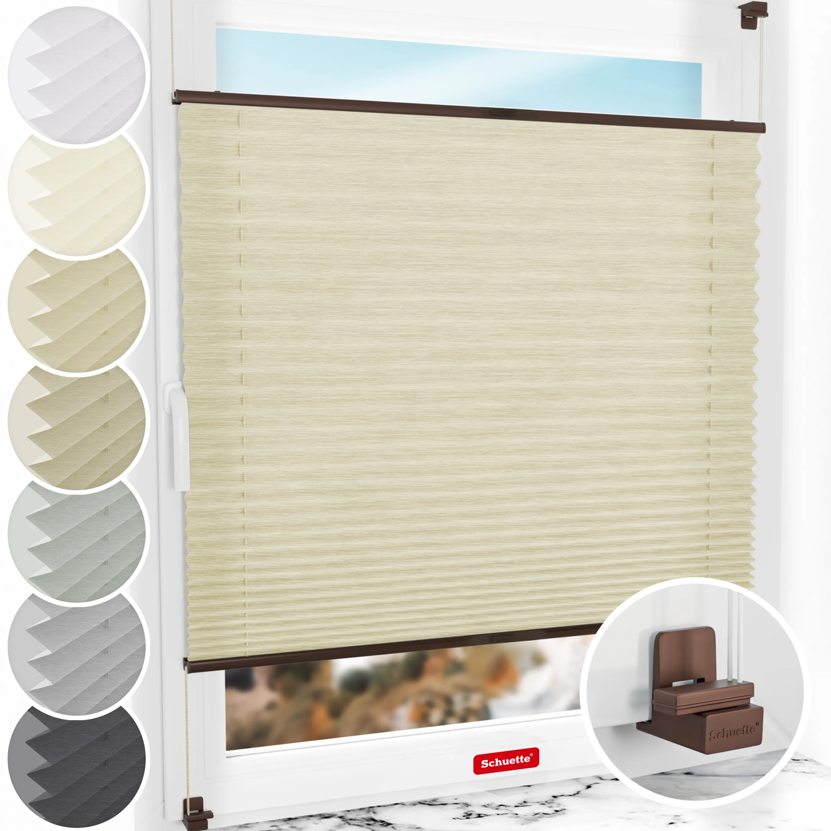 Schuette® Plissee ohne Bohren nach Maß • Suprafix Klemmhalter "X" • Dolomite Kollektion: Wet Stand (Beige) • Profilfarbe: Braun