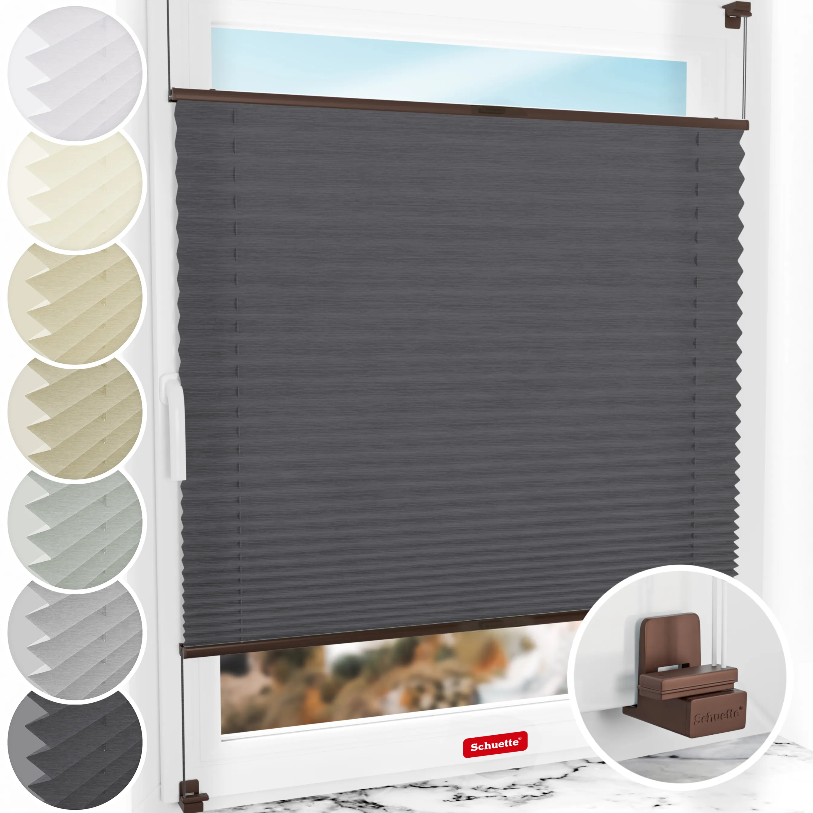 Schuette® Plissee ohne Bohren nach Maß • Suprafix Klemmhalter "X" • Dolomite Kollektion: Dark Vintage (Grau) • Profilfarbe: Braun