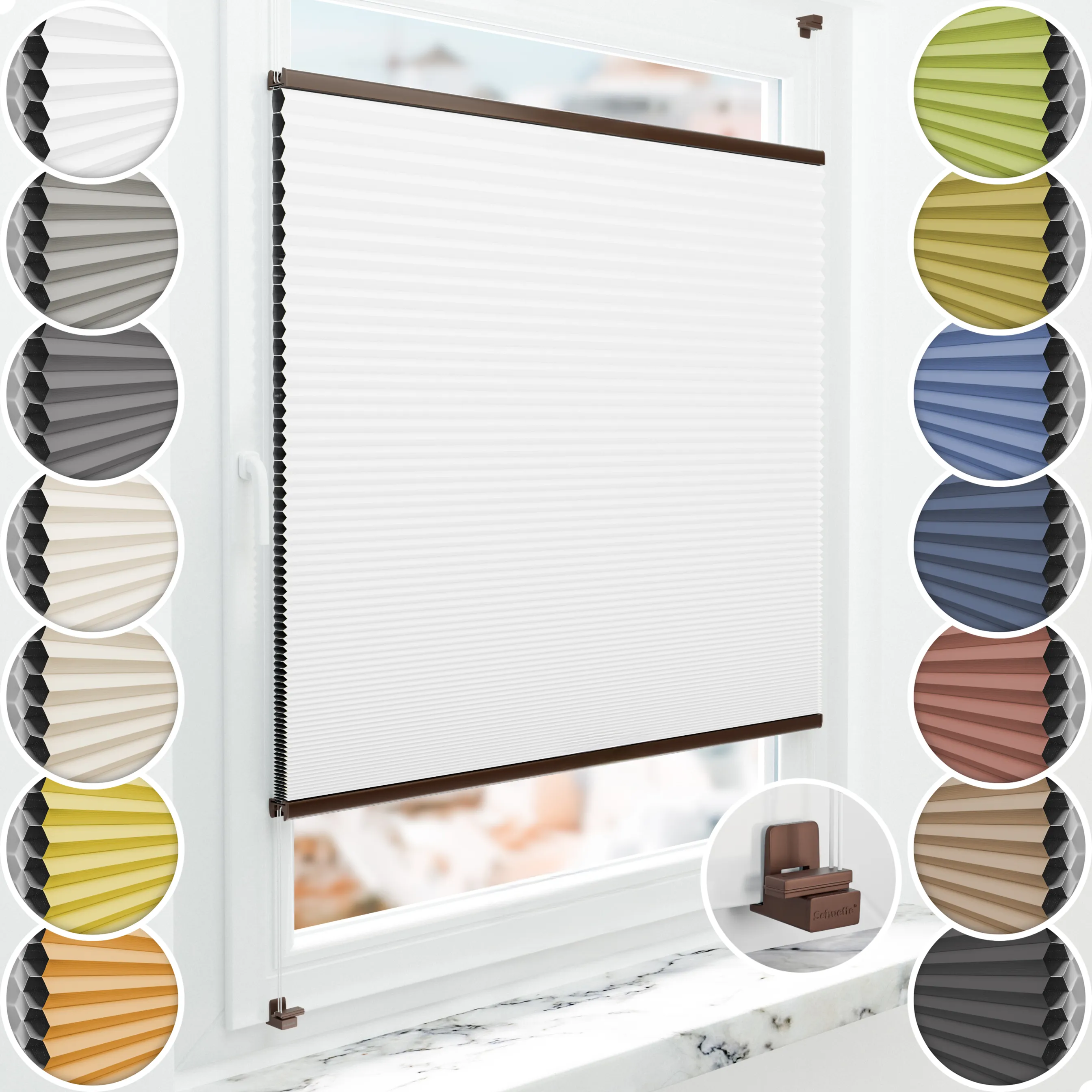 Schuette® Wabenplissee ohne Bohren nach Maß • Suprafix Klemmhalter "X" • Honey Kollektion: Moonlight (Weiß) • Profilfarbe: Braun