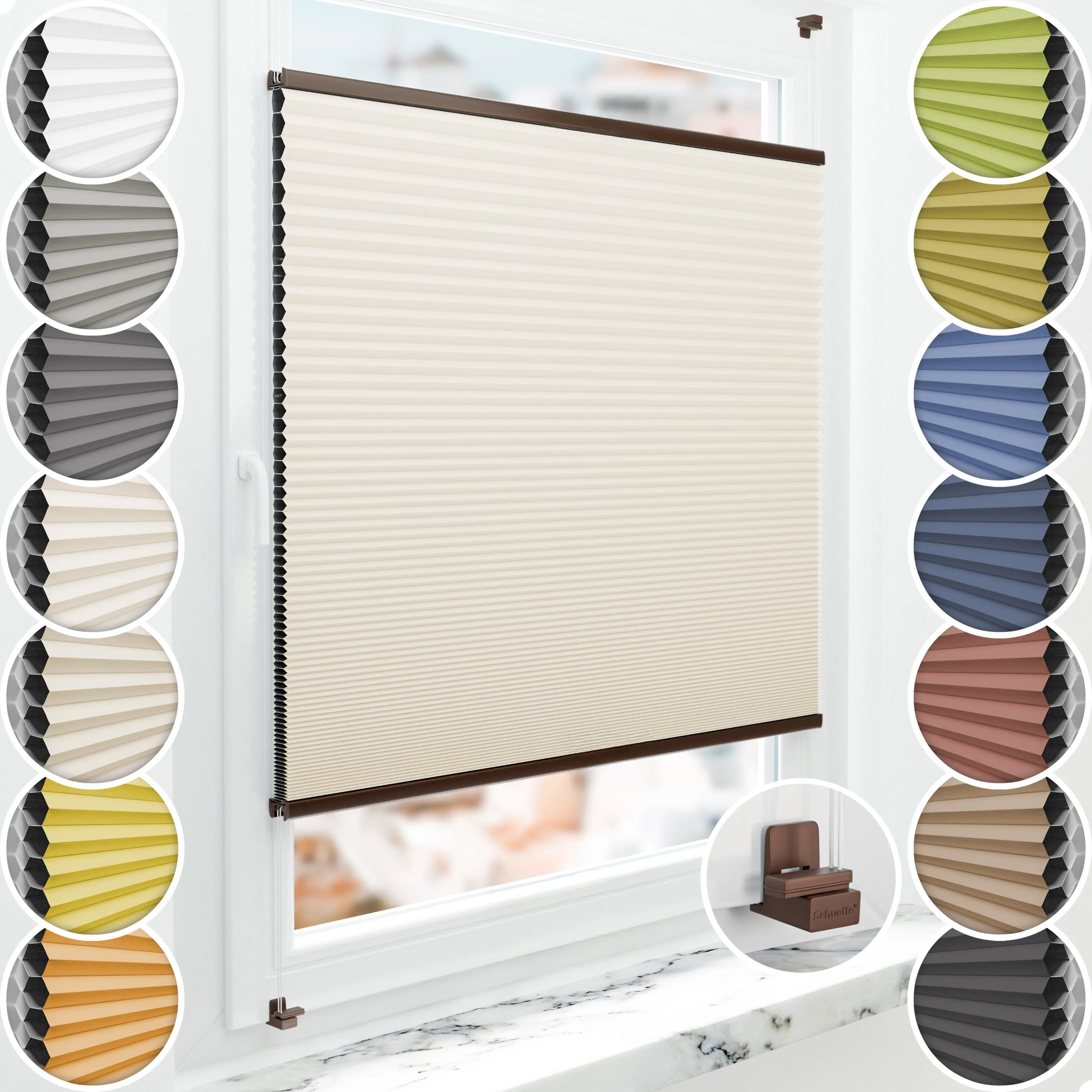 Schuette® Wabenplissee ohne Bohren nach Maß • Suprafix Klemmhalter "X" • Honey Kollektion: Calm Coast (Beige) • Profilfarbe: Braun