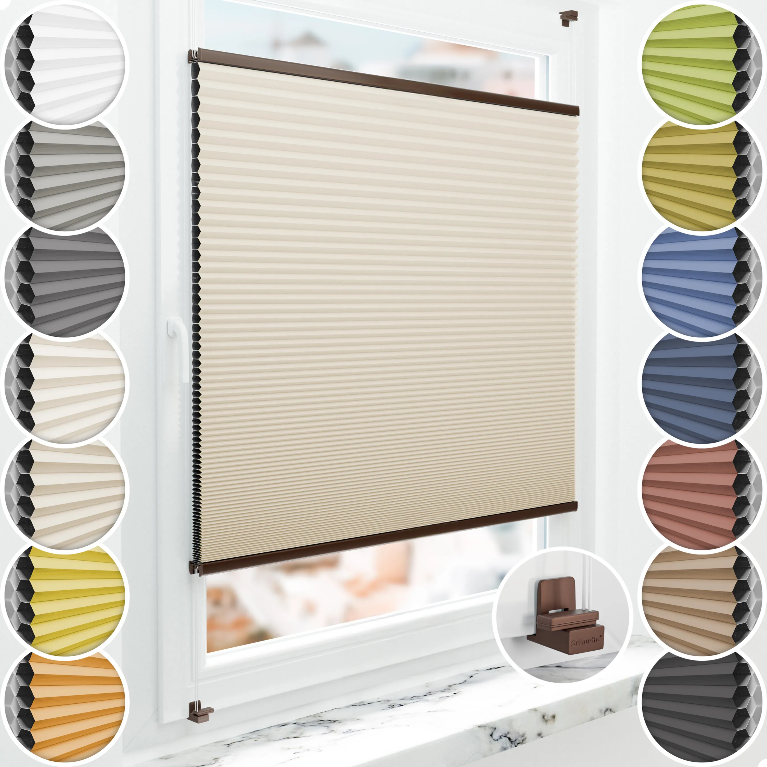 Schuette® Wabenplissee ohne Bohren nach Maß • Suprafix Klemmhalter "X" • Honey Kollektion: The Dune (Beige) • Profilfarbe: Braun