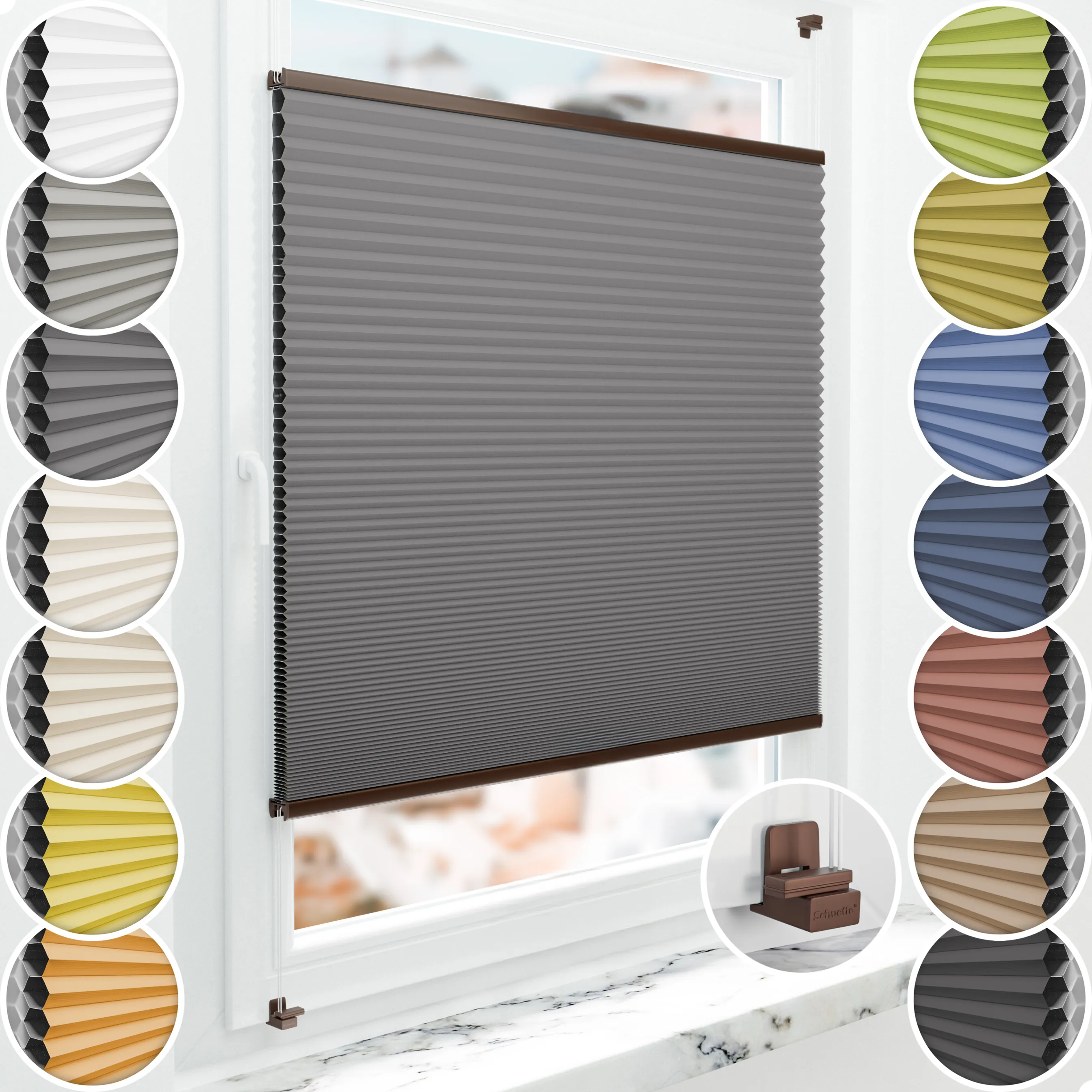 Schuette® Wabenplissee ohne Bohren nach Maß • Suprafix Klemmhalter "X" • Honey Kollektion: Twilight Tango (Grau) • Profilfarbe: Braun