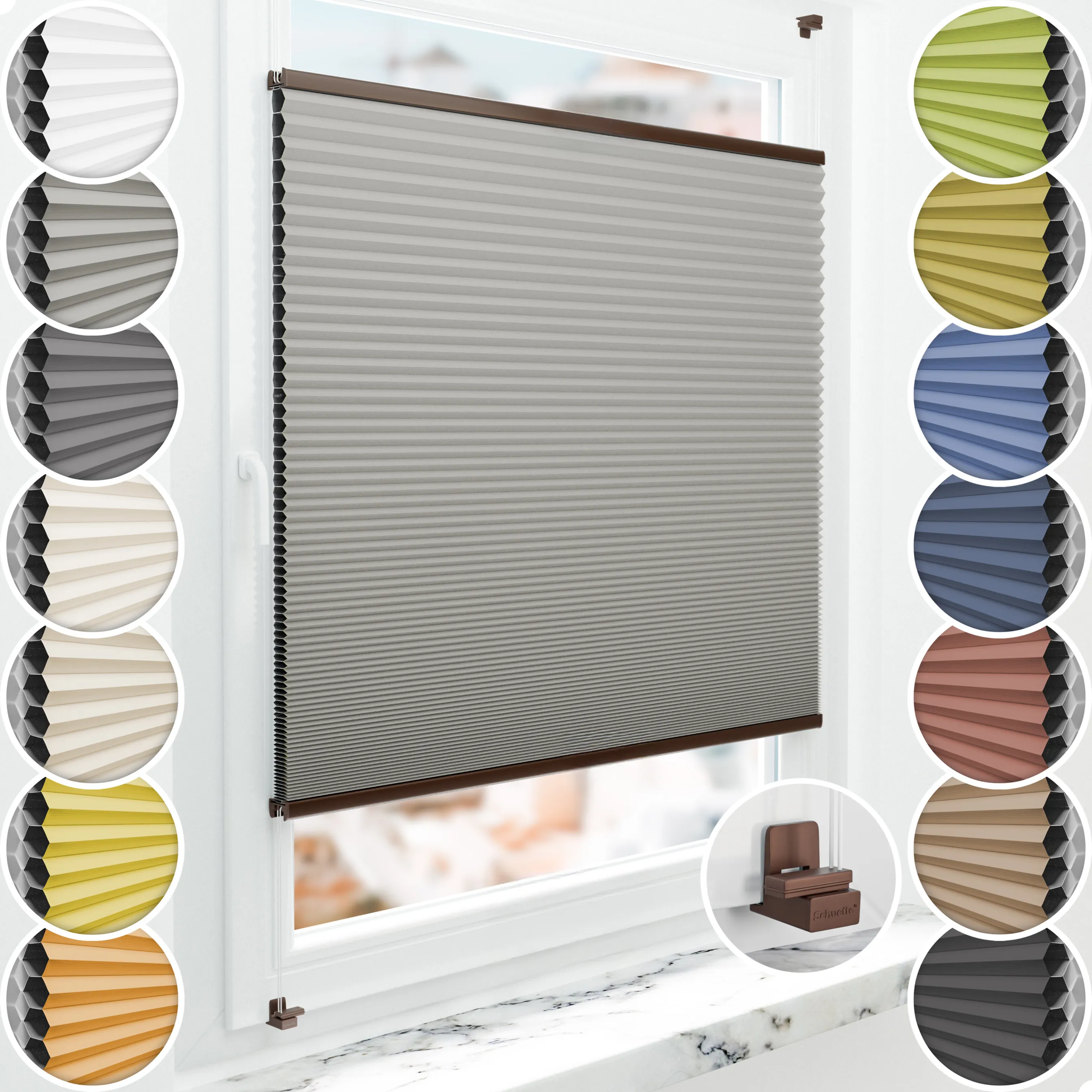 Schuette® Wabenplissee ohne Bohren nach Maß • Suprafix Klemmhalter "X" • Honey Kollektion: Silver Mist (Grau) • Profilfarbe: Braun