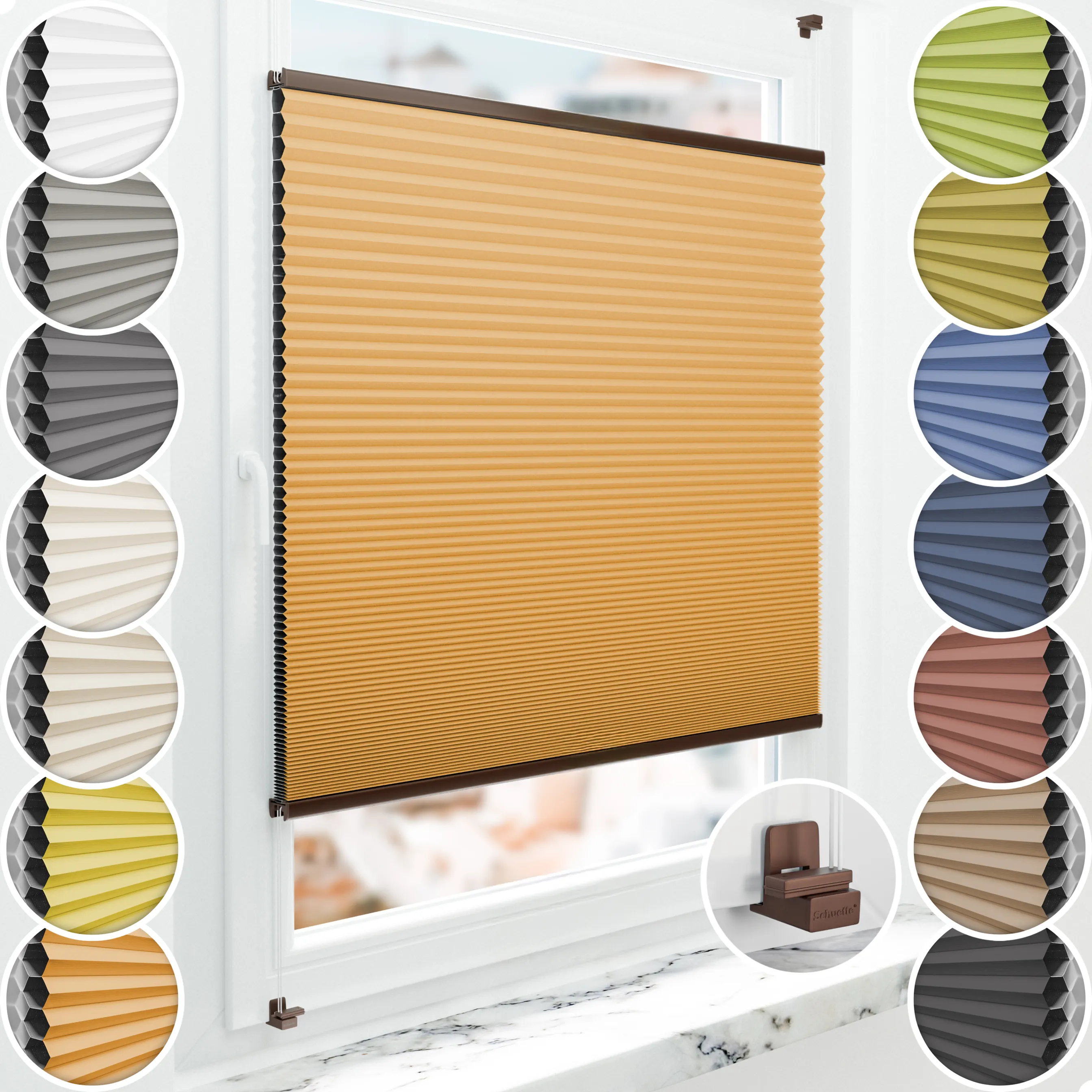 Schuette® Wabenplissee ohne Bohren nach Maß • Suprafix Klemmhalter "X" • Honey Kollektion: Citrus Glow (Orange) • Profilfarbe: Braun