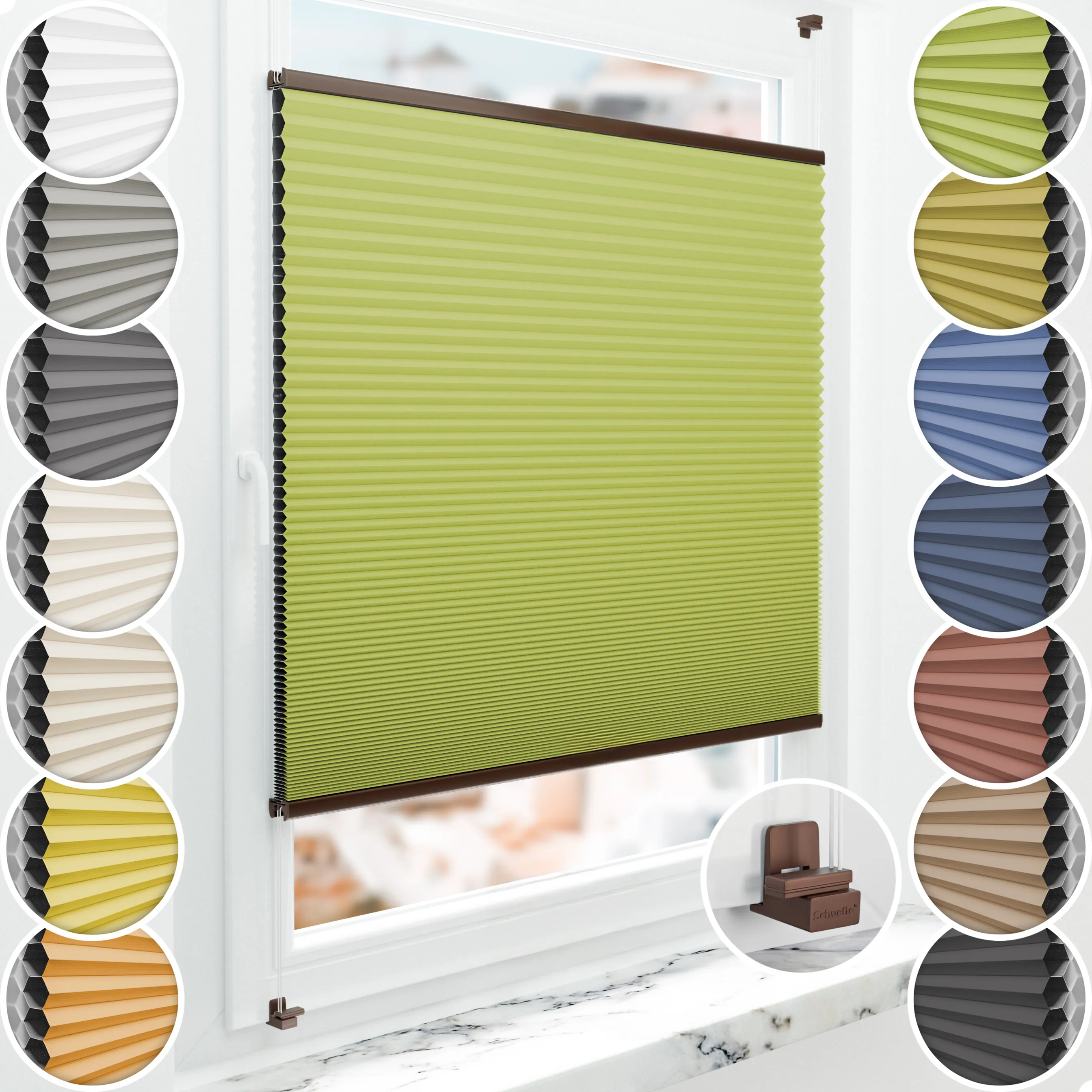 Schuette® Wabenplissee ohne Bohren nach Maß • Suprafix Klemmhalter "X" • Honey Kollektion: Green Tea (Grün) • Profilfarbe: Braun