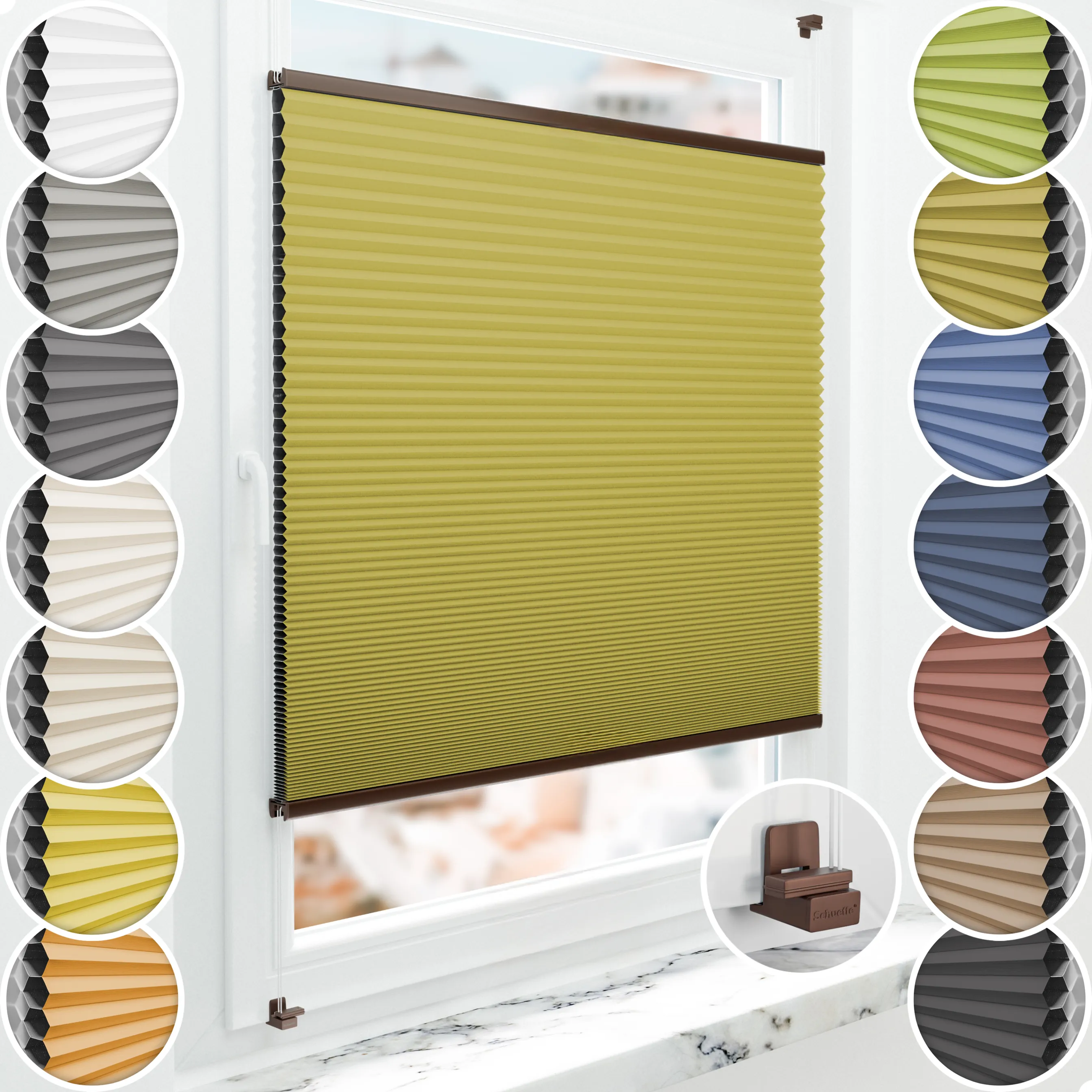 Schuette® Wabenplissee ohne Bohren nach Maß • Suprafix Klemmhalter "X" • Honey Kollektion: Olive Branch (Olivgrün) • Profilfarbe: Braun