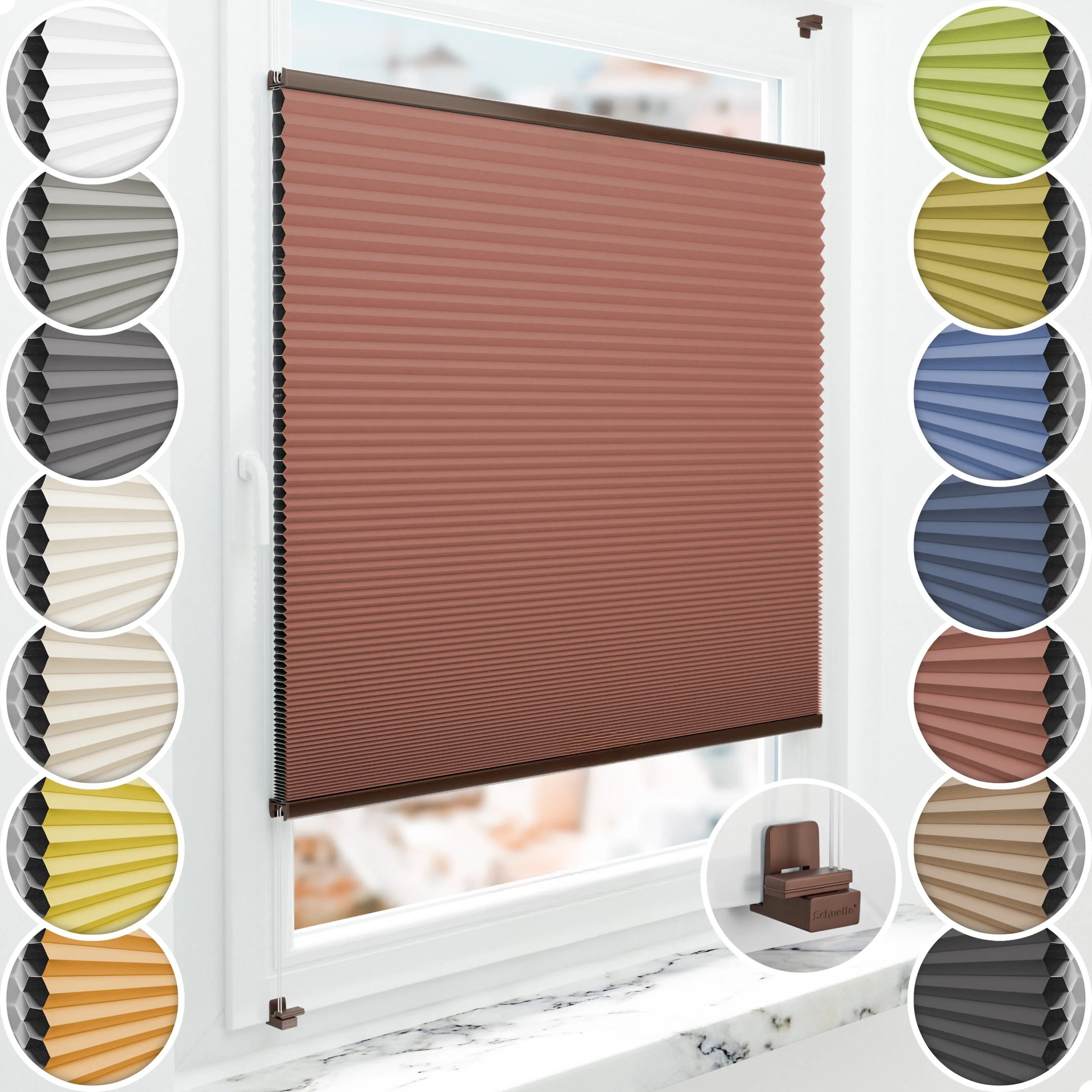 Schuette® Wabenplissee ohne Bohren nach Maß • Suprafix Klemmhalter "X" • Honey Kollektion: Poppy Petal (Dunkelrot) • Profilfarbe: Braun