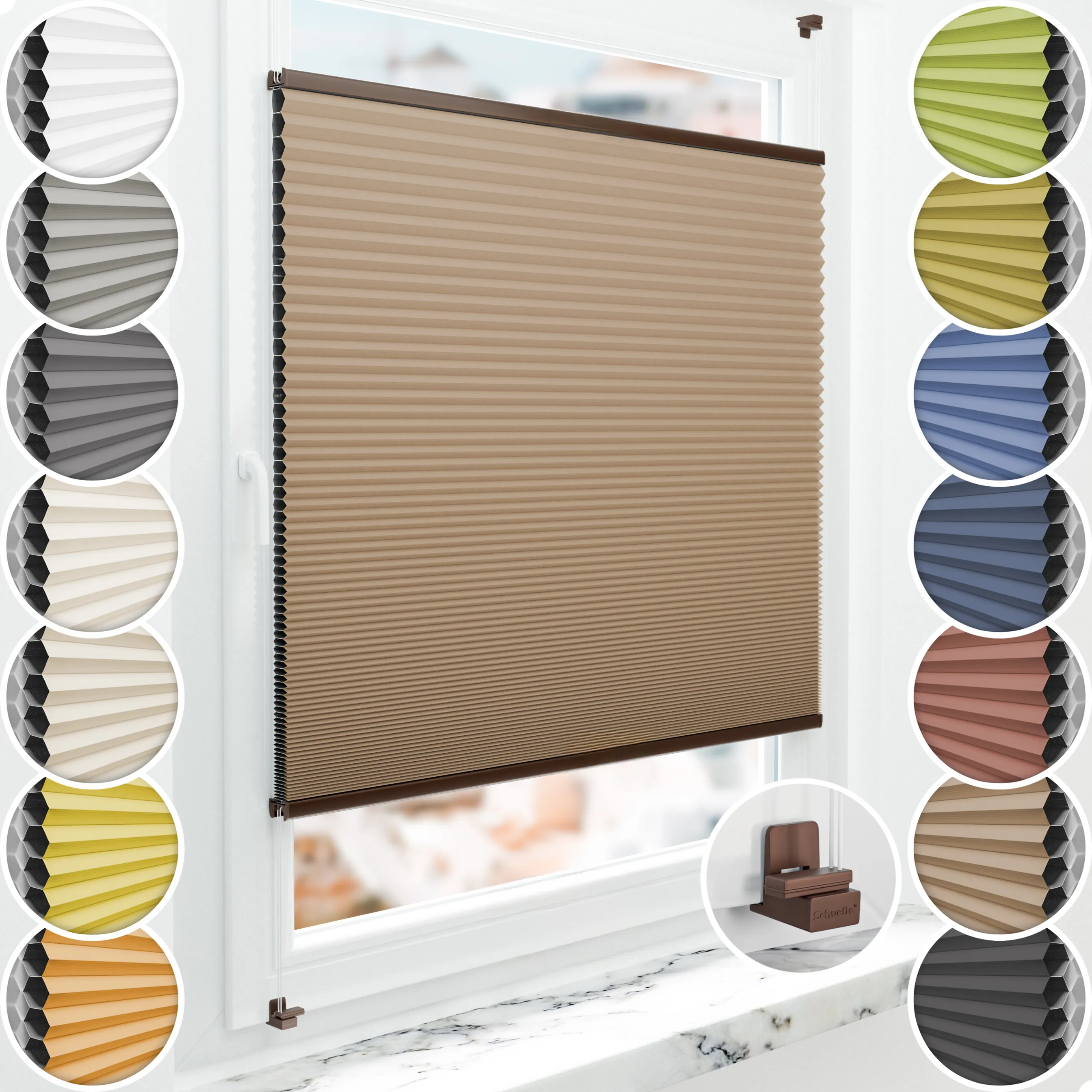 Schuette® Wabenplissee ohne Bohren nach Maß • Suprafix Klemmhalter "X" • Honey Kollektion: Maple Wood (Braun) • Profilfarbe: Braun