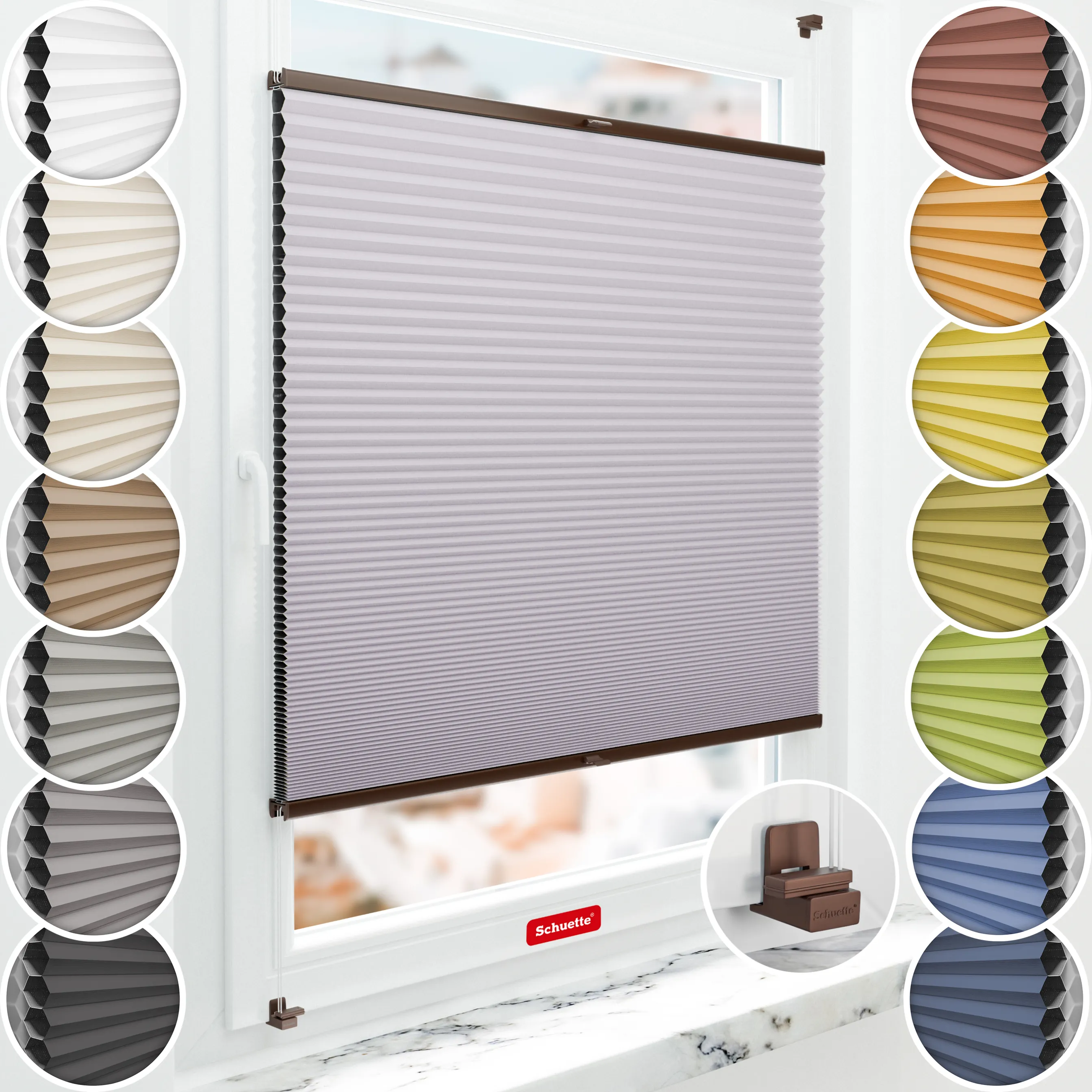 Schuette® Wabenplissee ohne Bohren nach Maß • Suprafix Klemmhalter "X" • Honey Kollektion: Sakura Sky (Pastelllila) • Profilfarbe: Braun