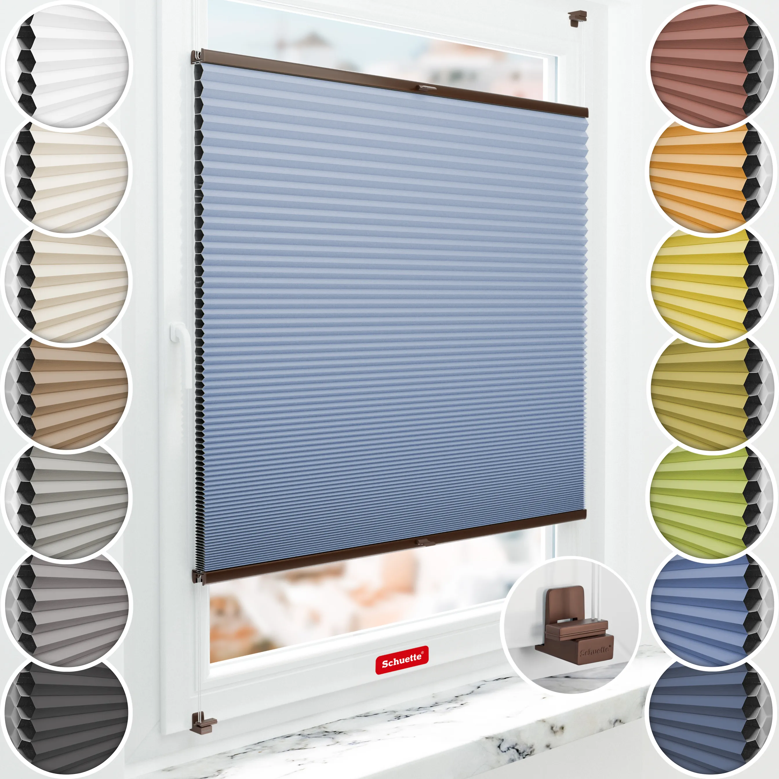 Schuette® Wabenplissee ohne Bohren nach Maß • Suprafix Klemmhalter "X" • Honey Kollektion: Ocean Drive (Hellblau) • Profilfarbe: Braun