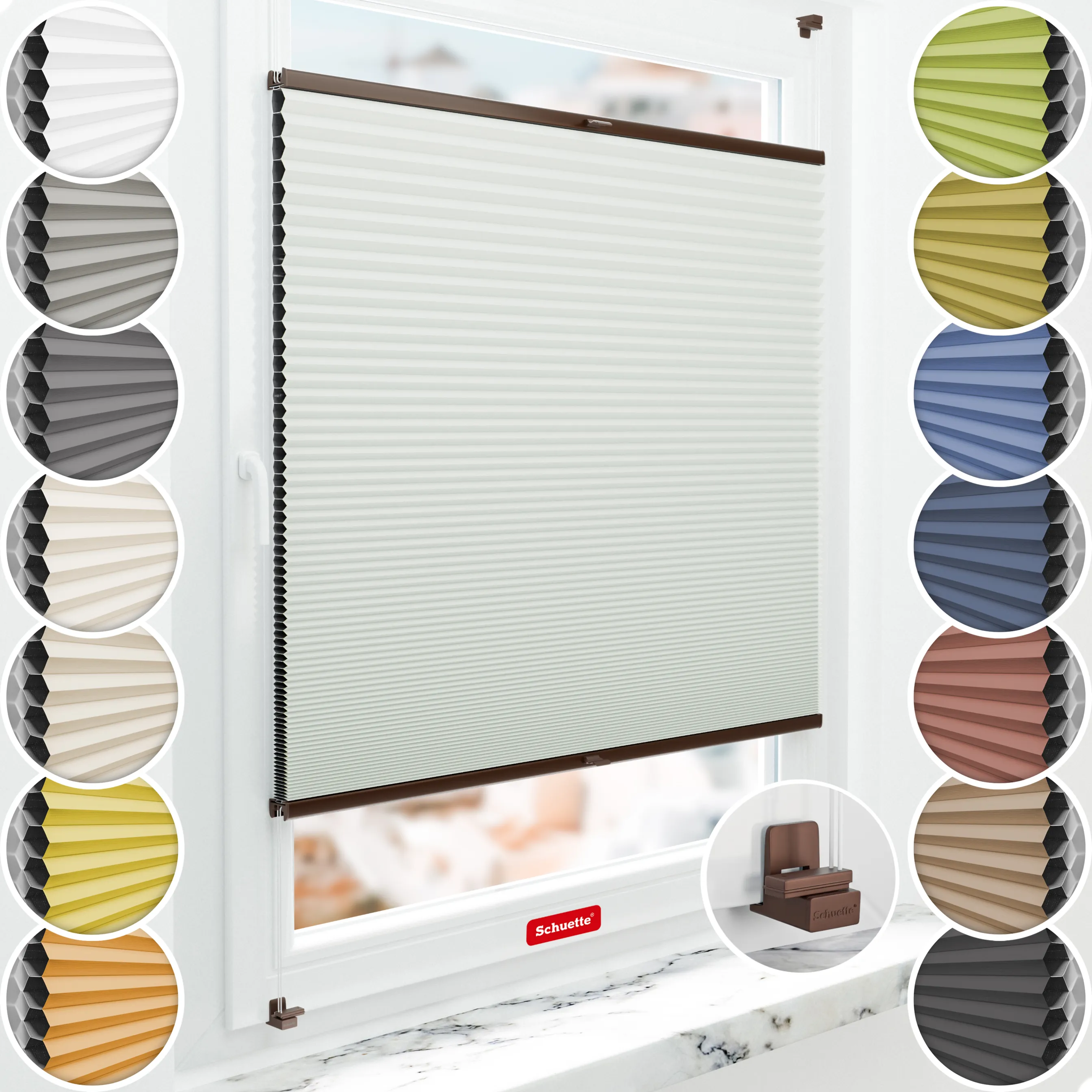 Schuette® Wabenplissee ohne Bohren nach Maß • Suprafix Klemmhalter "X" • Honey Kollektion: Tinkerbell Twinkle (Pastellgrün) • Profilfarbe: Braun