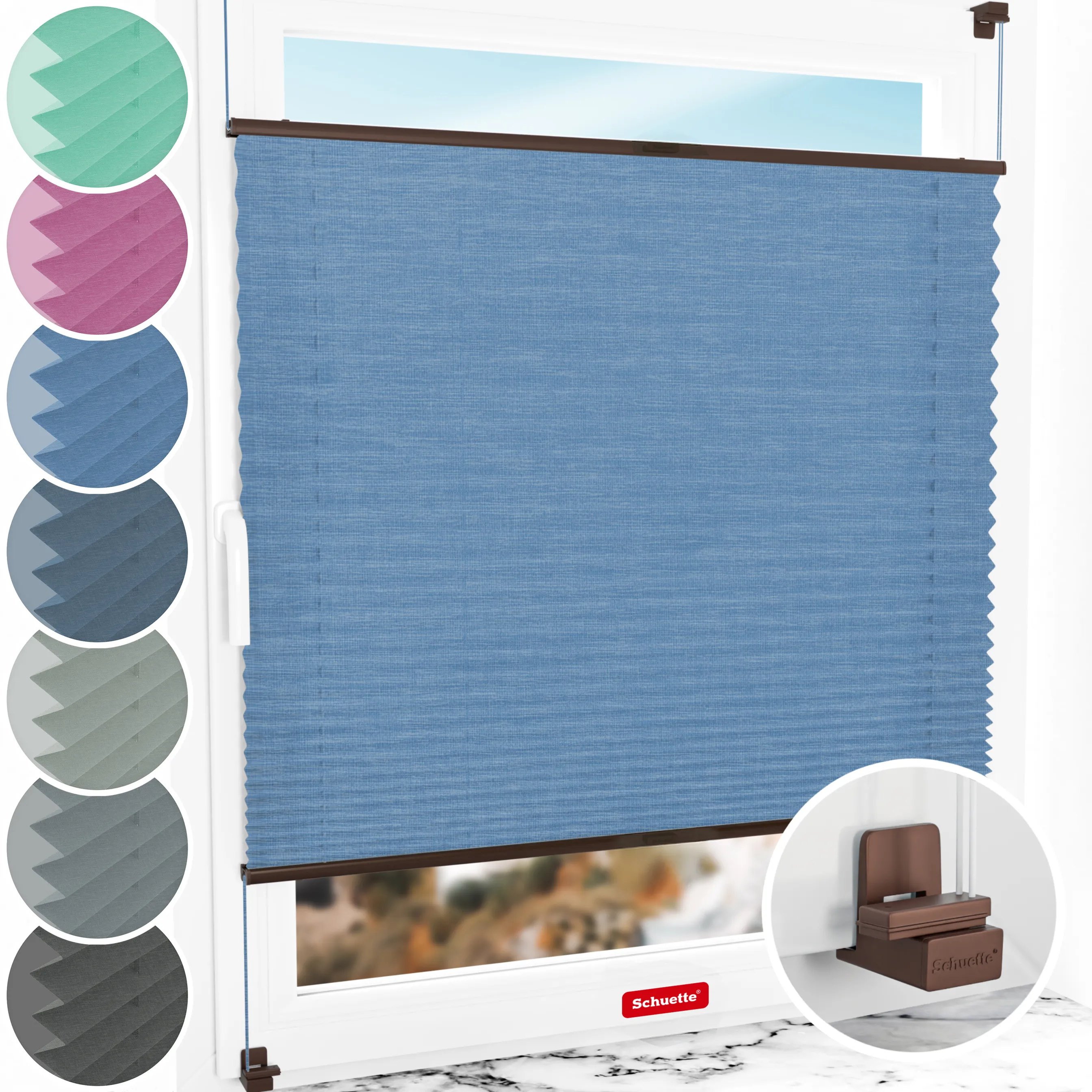 Schuette® Plissee ohne Bohren nach Maß • Suprafix Klemmhalter "X" • Melange Kollektion: Deep Sea (Blau) • Profilfarbe: Braun