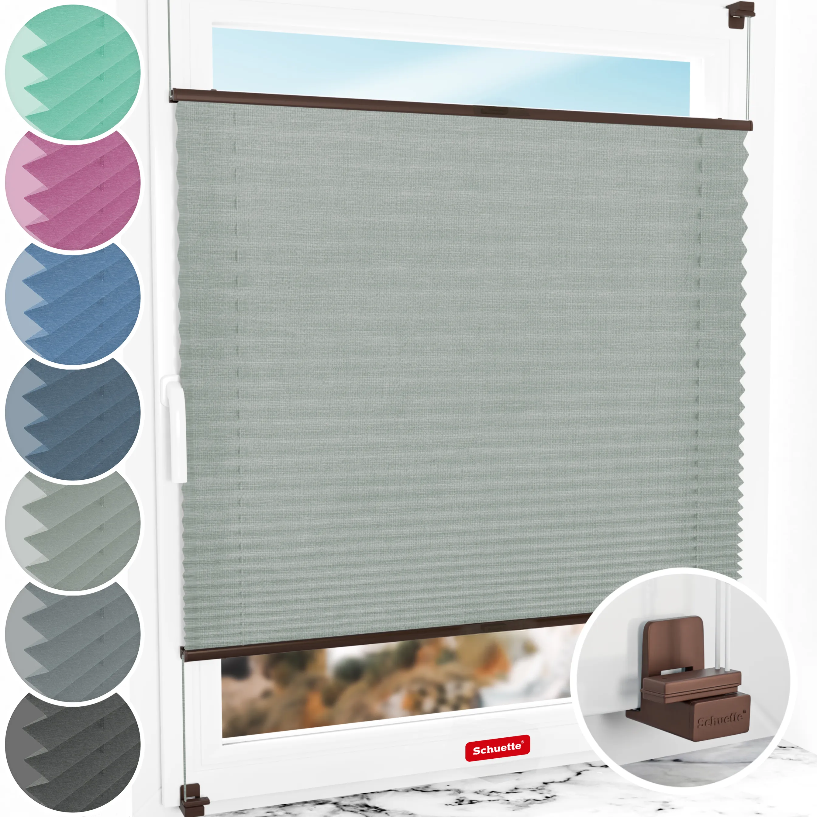 Schuette® Plissee ohne Bohren nach Maß • Suprafix Klemmhalter "X" • Melange Kollektion: On The Road (Grau) • Profilfarbe: Braun