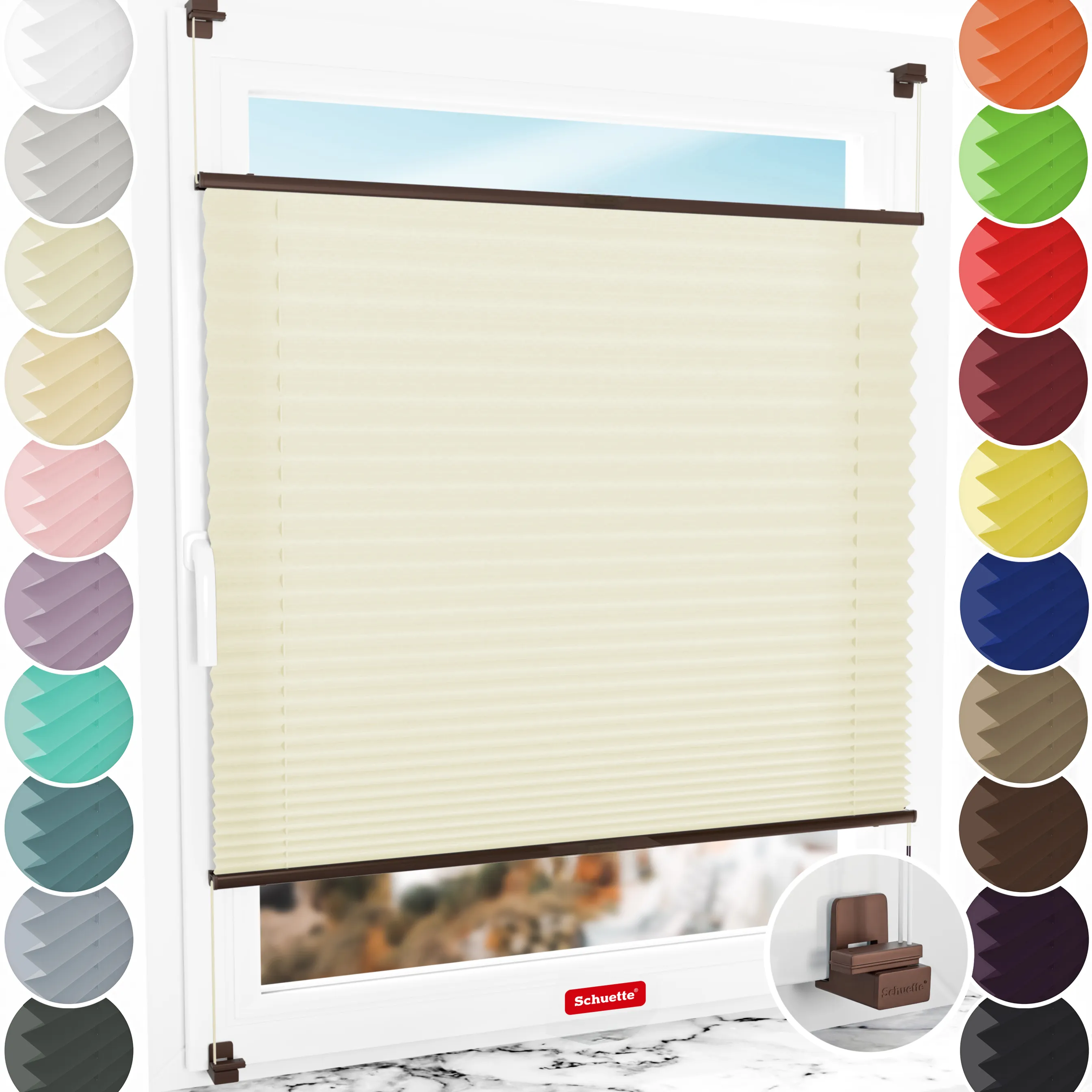 Schuette® Plissee ohne Bohren nach Maß • Suprafix Klemmhalter "X" • Premium Kollektion: Vanilla Ice Cream (Creme) • Profilfarbe: Braun