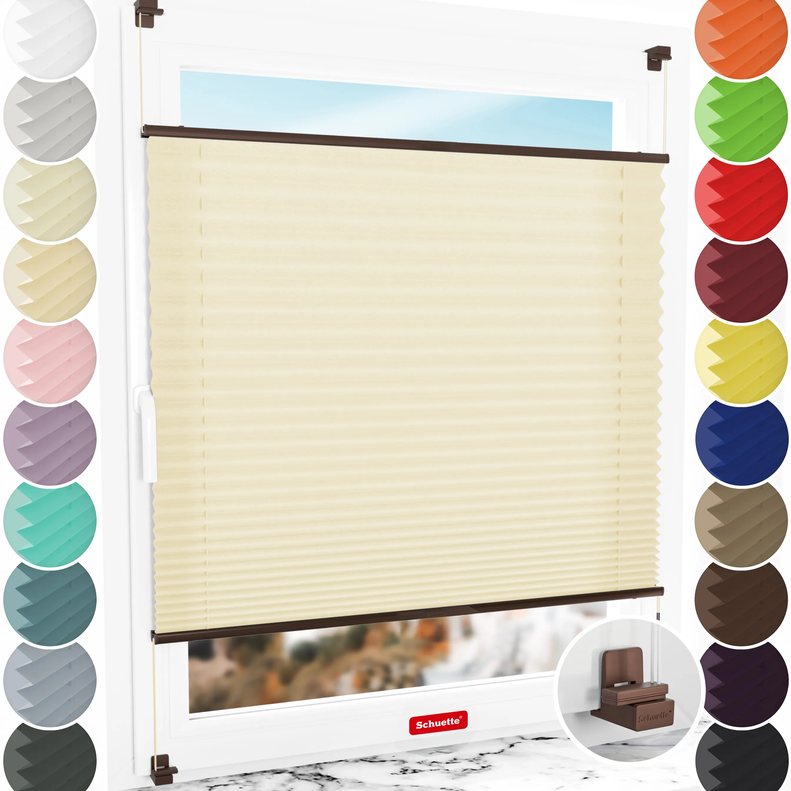 Schuette® Plissee ohne Bohren nach Maß • Suprafix Klemmhalter "X" • Premium Kollektion: Sahara's Sand • Profilfarbe: Braun