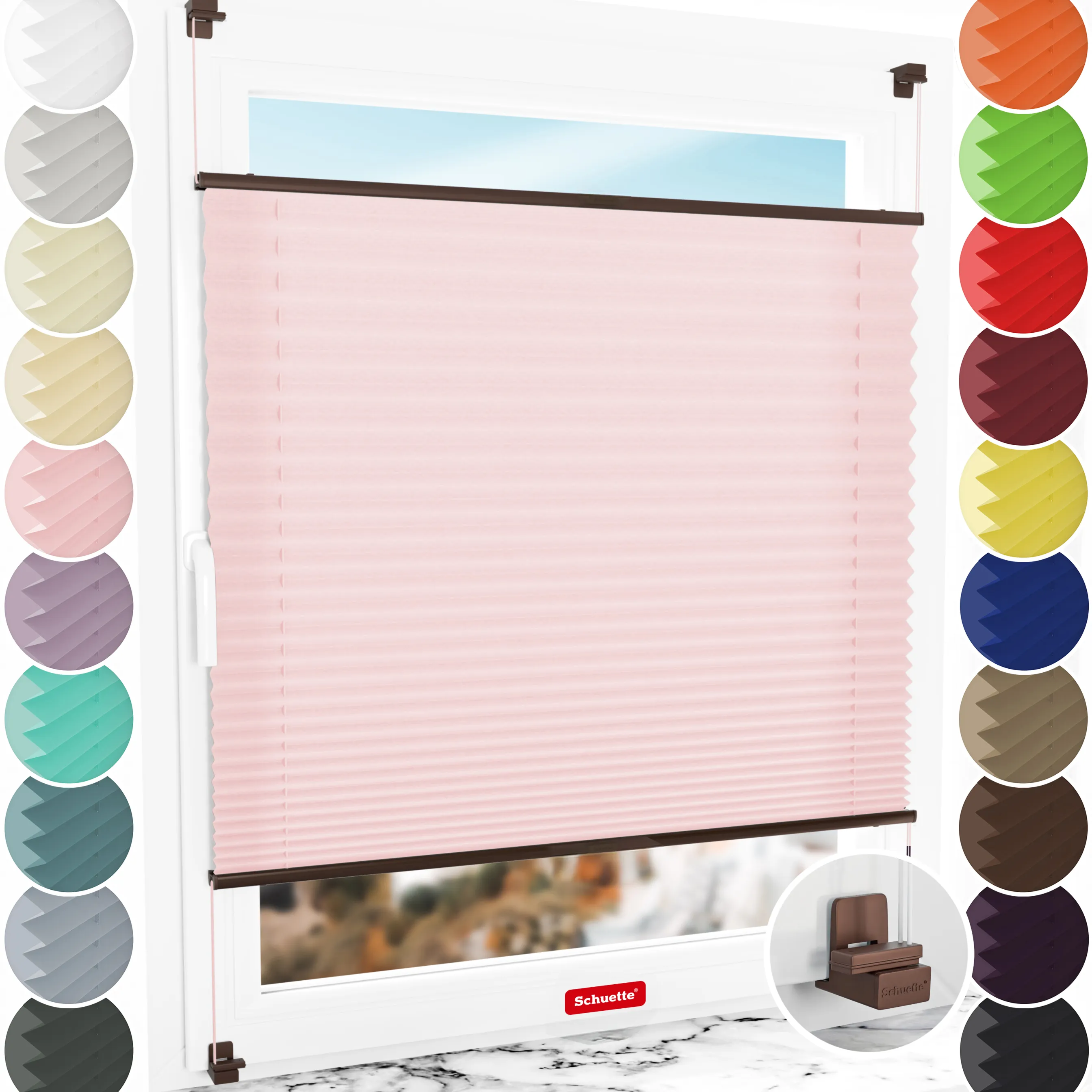 Schuette® Plissee ohne Bohren nach Maß • Suprafix Klemmhalter "X" • Premium Kollektion: Powdered Rose (Rosa) • Profilfarbe: Braun
