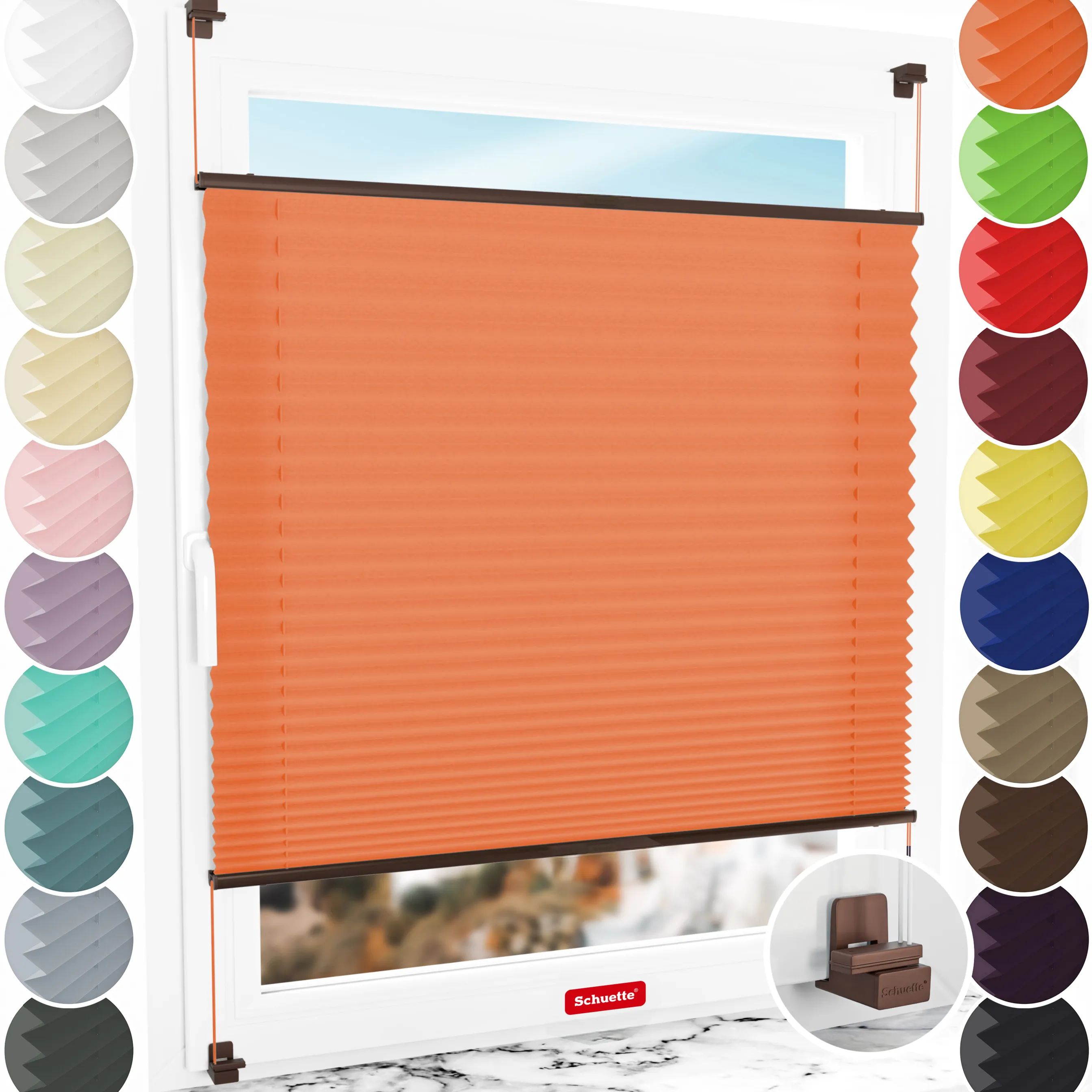 Schuette® Plissee ohne Bohren nach Maß • Suprafix Klemmhalter "X" • Premium Kollektion: Sunset (Orange) • Profilfarbe: Braun