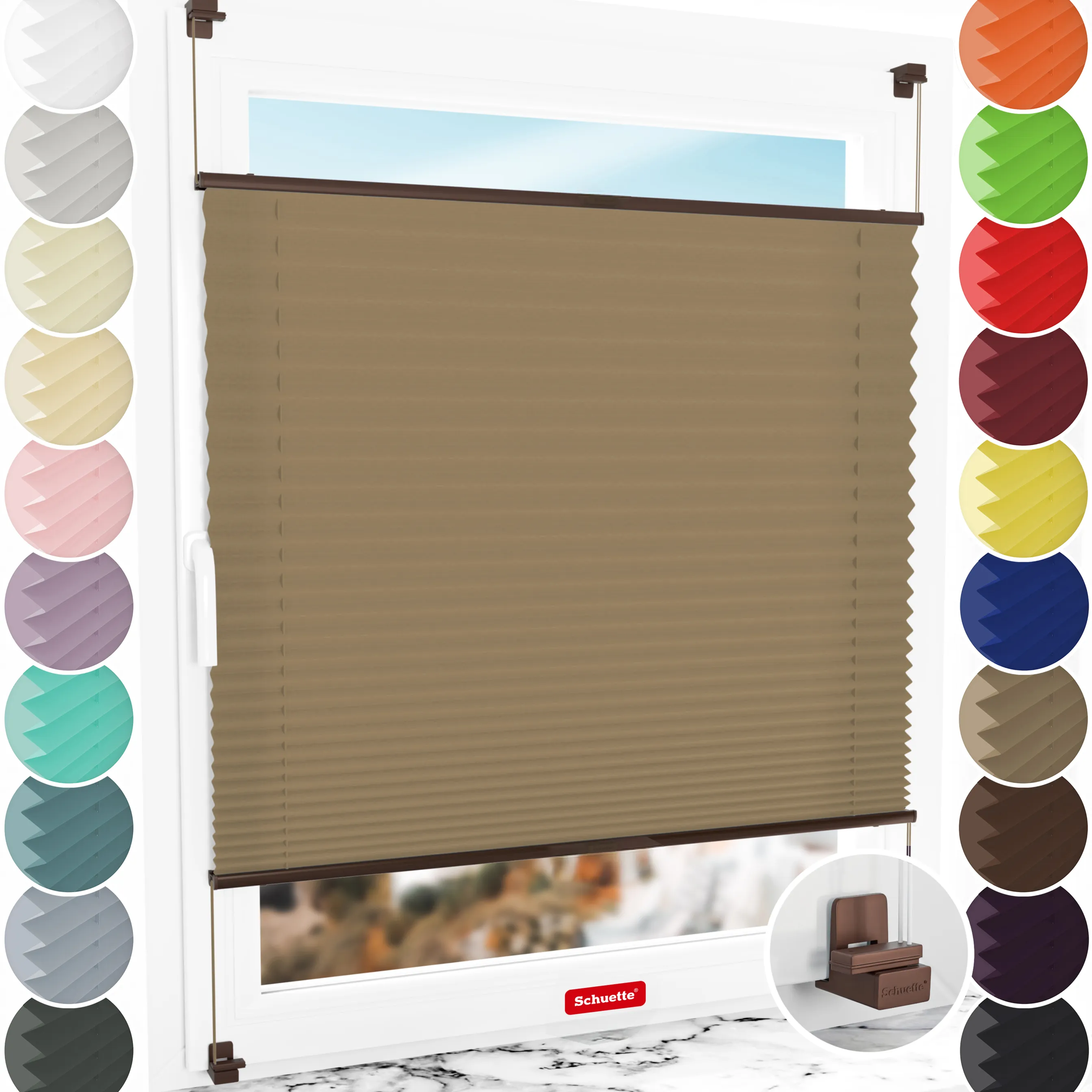 Schuette® Plissee ohne Bohren nach Maß • Suprafix Klemmhalter "X" • Premium Kollektion: Morning Coffee (Hellbraun) • Profilfarbe: Braun