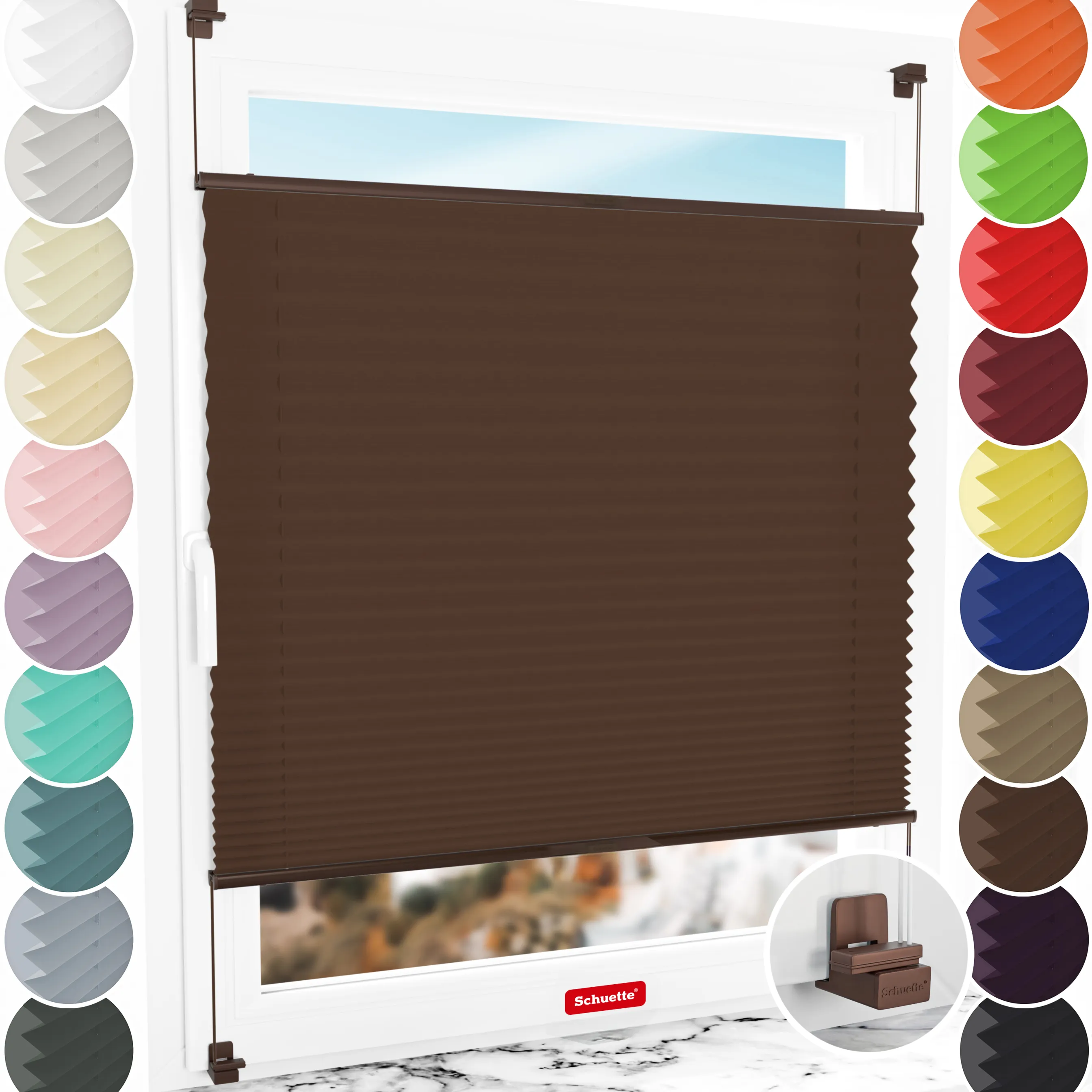 Schuette® Plissee ohne Bohren nach Maß • Suprafix Klemmhalter "X" • Premium Kollektion: Hot Chocolate (Dunkelbraun) • Profilfarbe: Braun